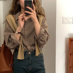 Plaid Shirts Women Elegant Basic Classic Turn Down Collar Retro Loose Office Lady Korean Style Long Sleeve Blouses Femme Clothes - Mega Mart Center