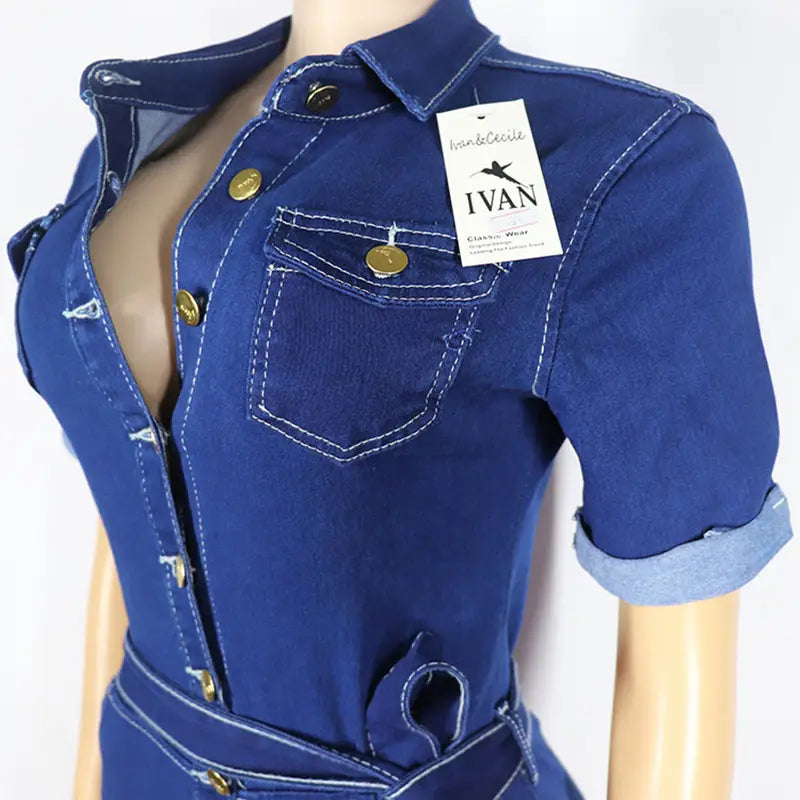 Summer Denim Jumpsuit For Women Blue Short Sleeve Shorts