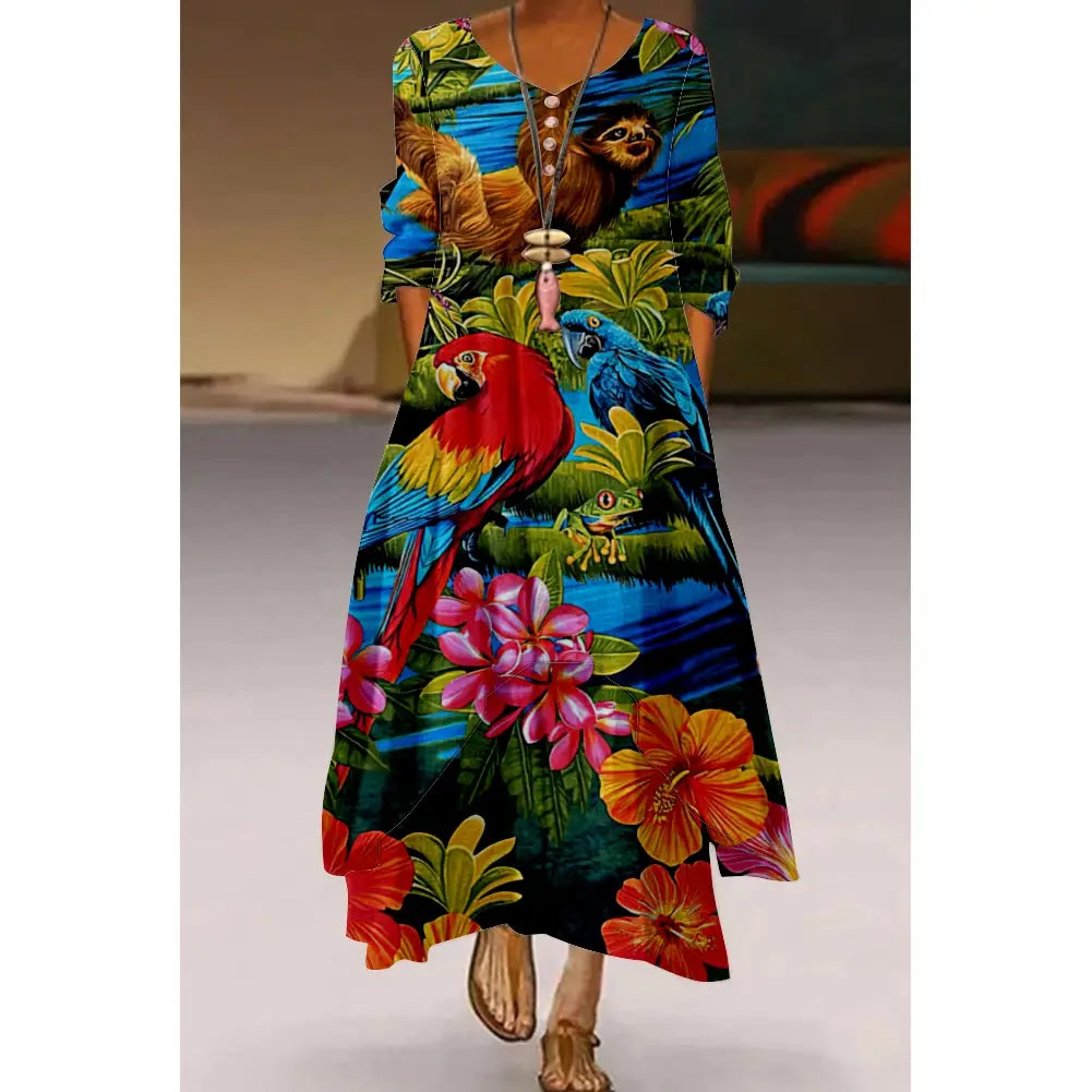 Floral Parrot Print Maxi Long Dress Women’s Fashion Party
