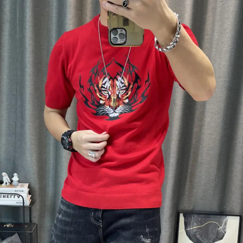 3 Color Short Sleeve Knitting T-Shirt Men Slim Streetwear