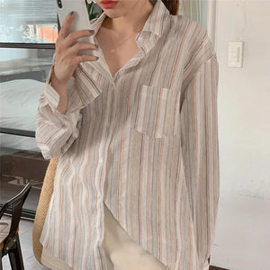 MEXZT Vintage Striped Shirts Women Korean Fashion Simple Long Sleeve Turn Down Collar Blouse Office Lady Casual Loose Thin Tops - Mega Mart Center