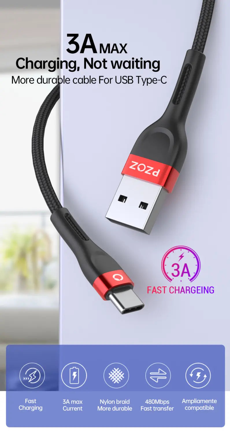 PZOZ USB Type C Cable Fast Charging Wire Data Cord USB C
