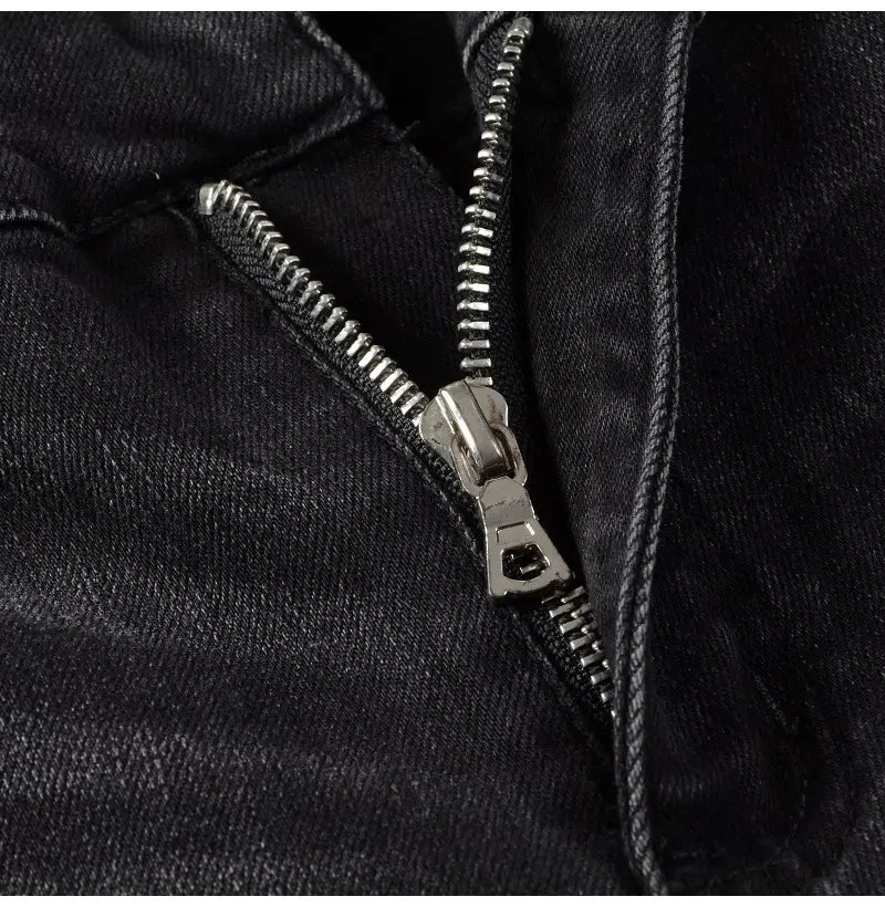 Men Cracked Leather Patch Biker Jeans Streetwear Pleated