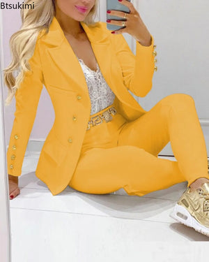 2023 Women's 2pcs Tracksuits Solid Long Sleeve Blazer Pants Suit Sets Office Lady Tracksuit Two Piece Set Fitness Outfits Woman - Mega Mart Center