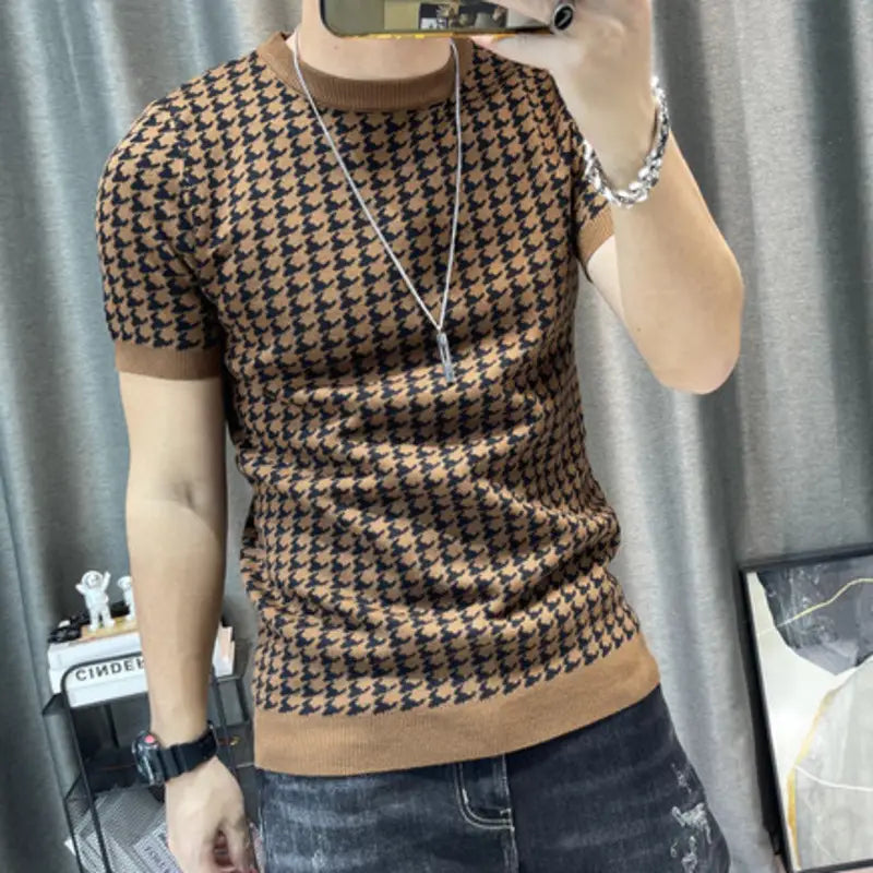 3 Color Short Sleeve Knitting T-Shirt Men Slim Streetwear
