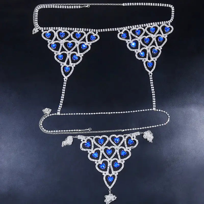 Sexy Rhinestone Blue Heart Body Chain Set Lingerie Jewelry