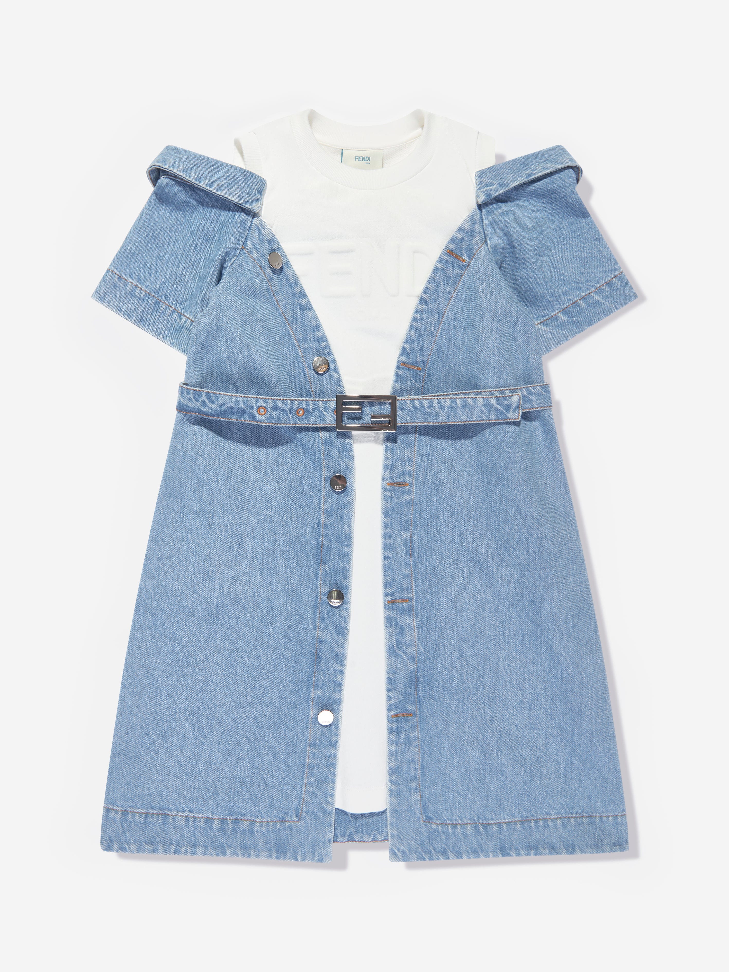 Fendi Kids' Girls Double Fabric Denim Dress In Blue