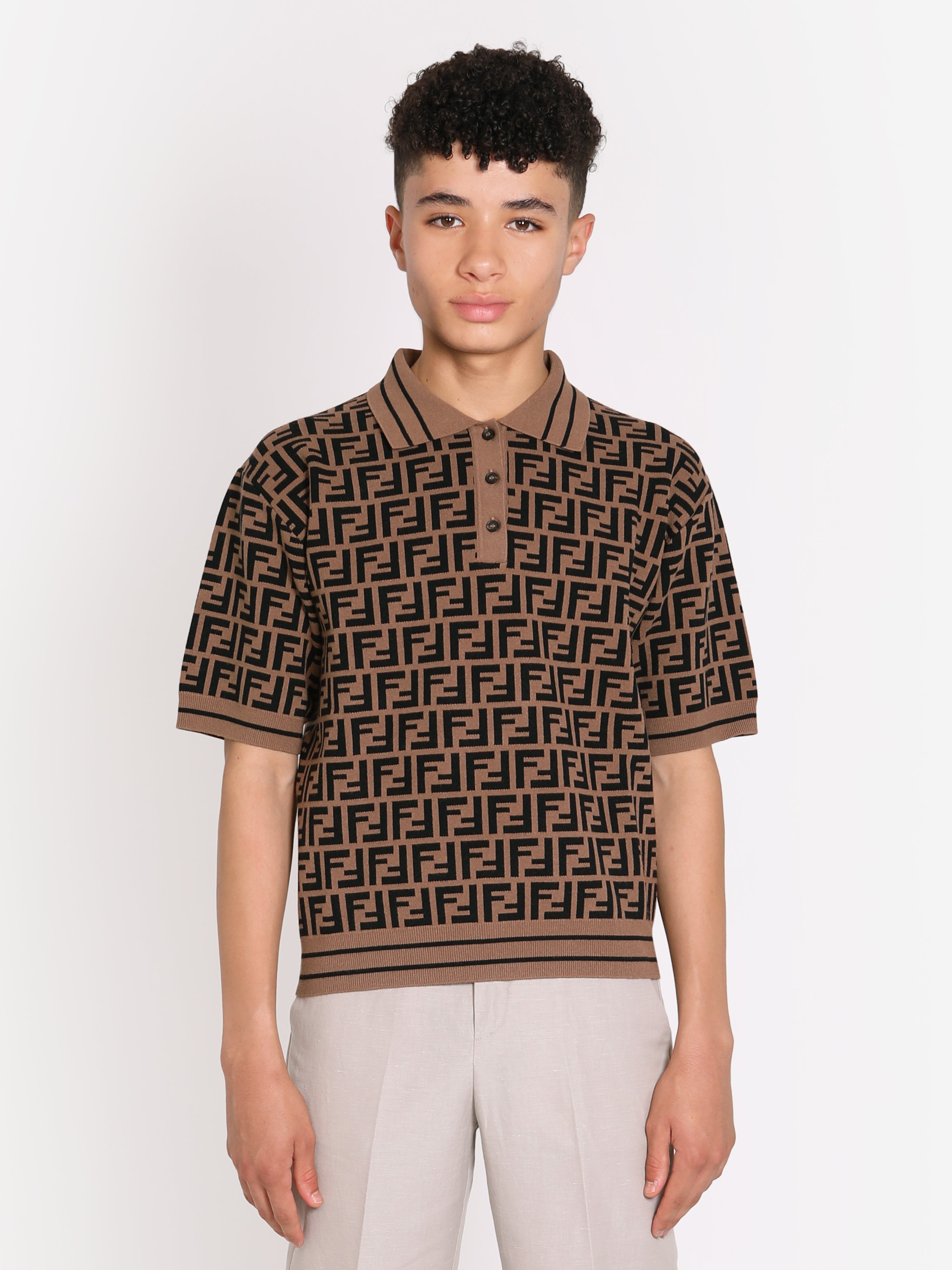 Fendi Kids' Boys Ff Knit Polo Shirt In Brown