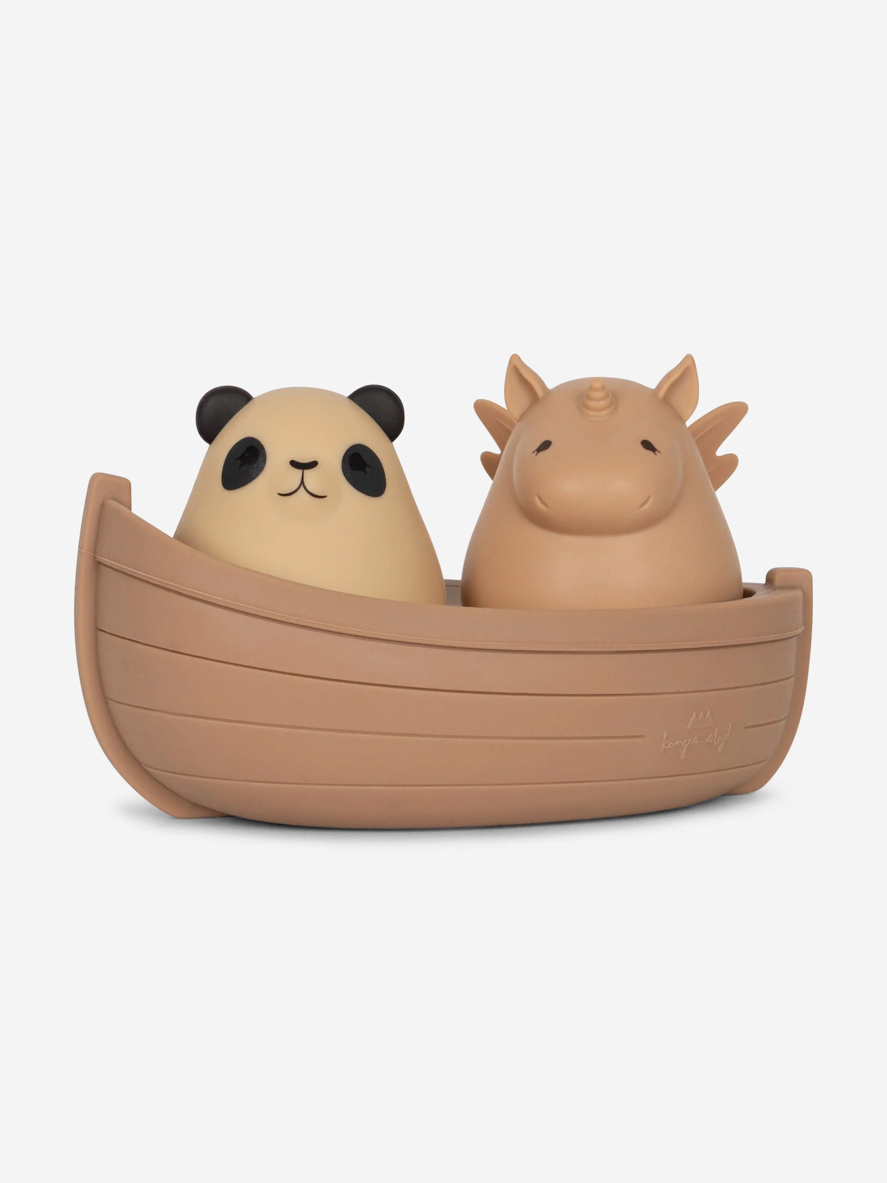 Konges Slojd Baby Panda And Unicorn Boat Bath Toys In Brown