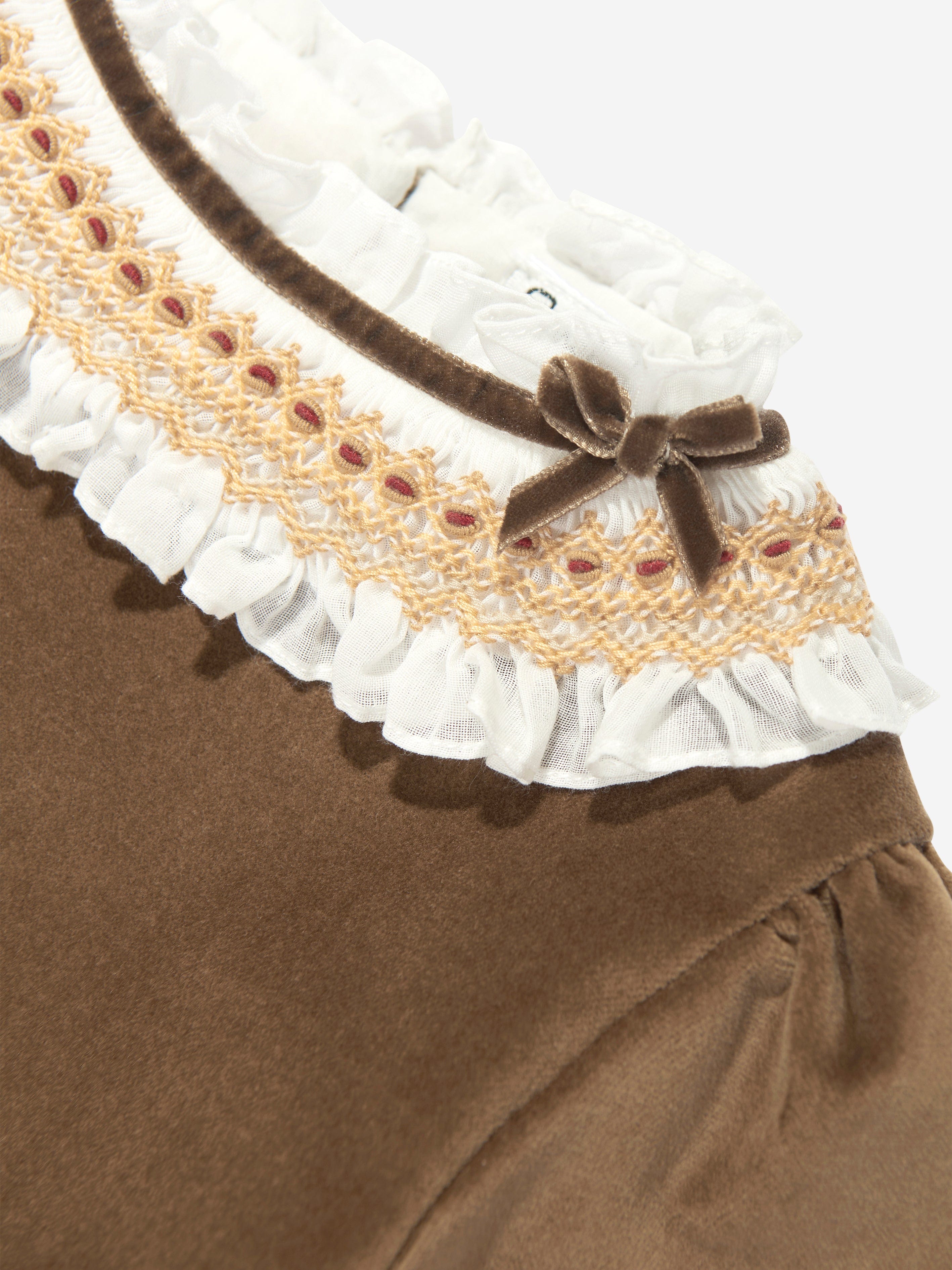 Sarah Louise Girls Velvet Smocked Dress In Brown