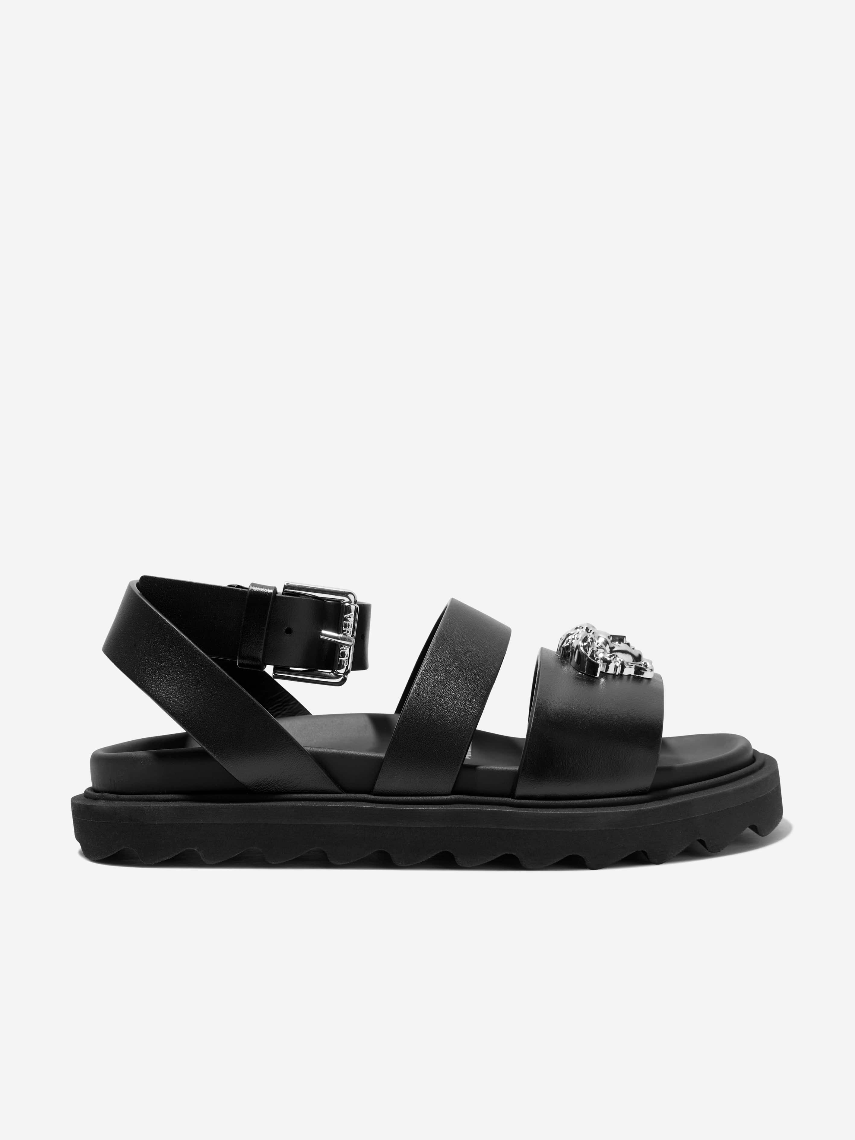 Versace Kids Leather Medusa Logo Sandals In Black