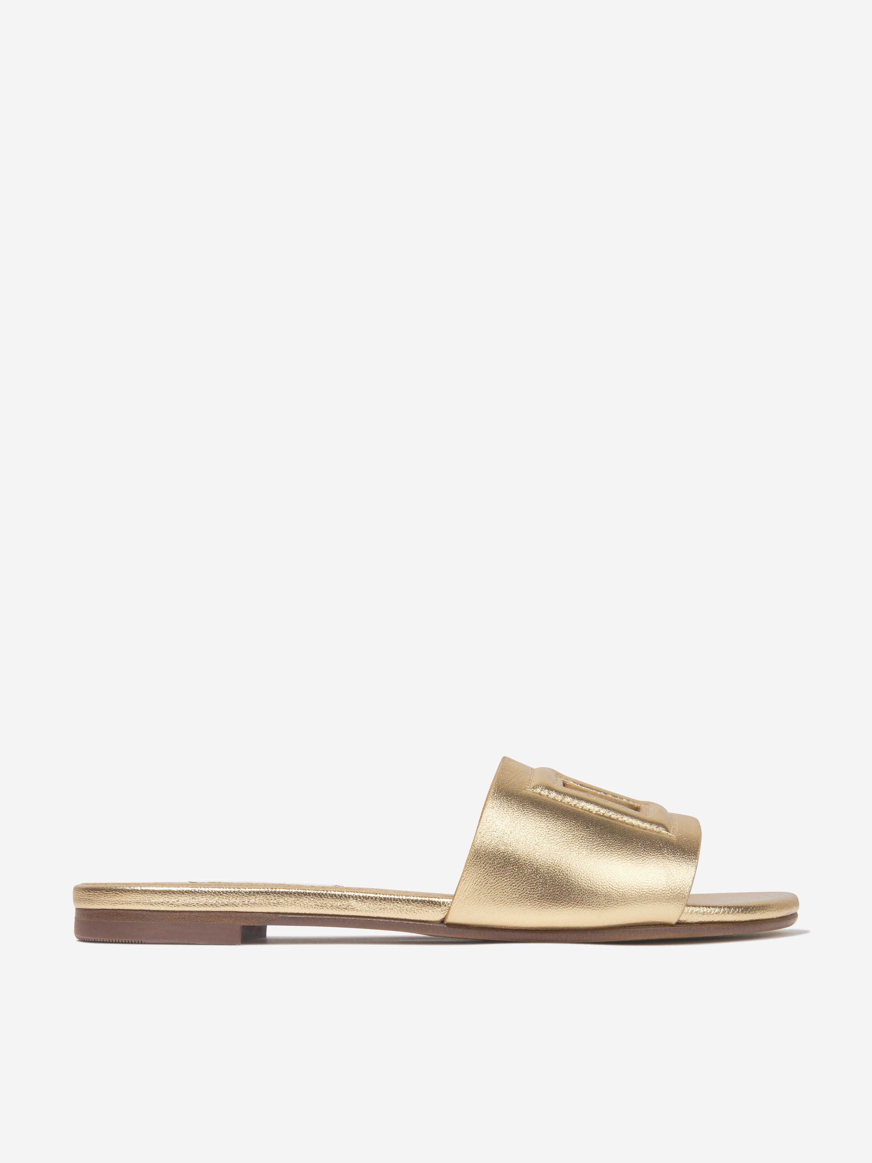 Dolce & Gabbana Kids' Girls Leather Logo Slider Sandals In Gold
