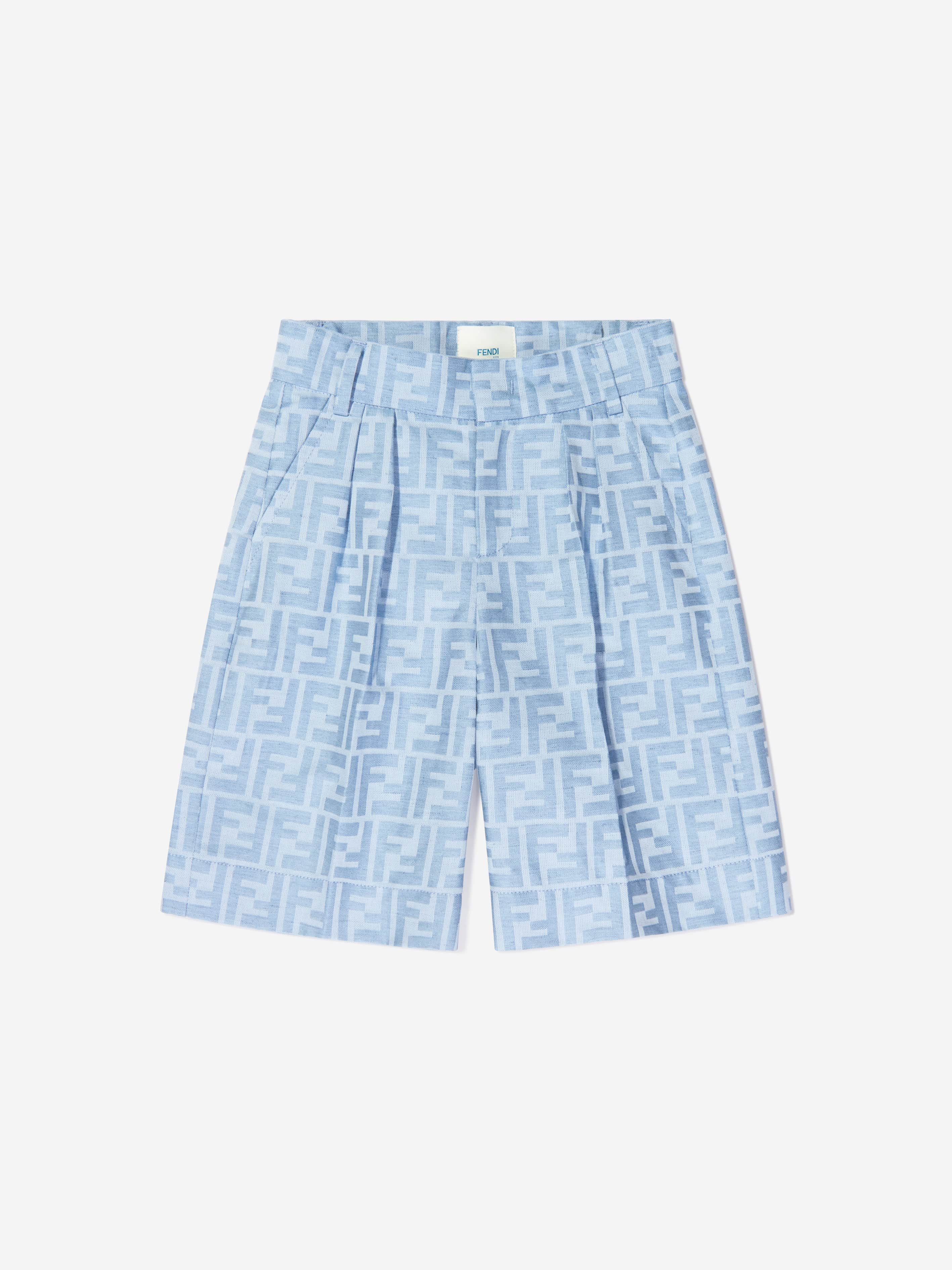 Fendi Kids' Boys Linen Ff Jacquard Bermuda Shorts In Blue