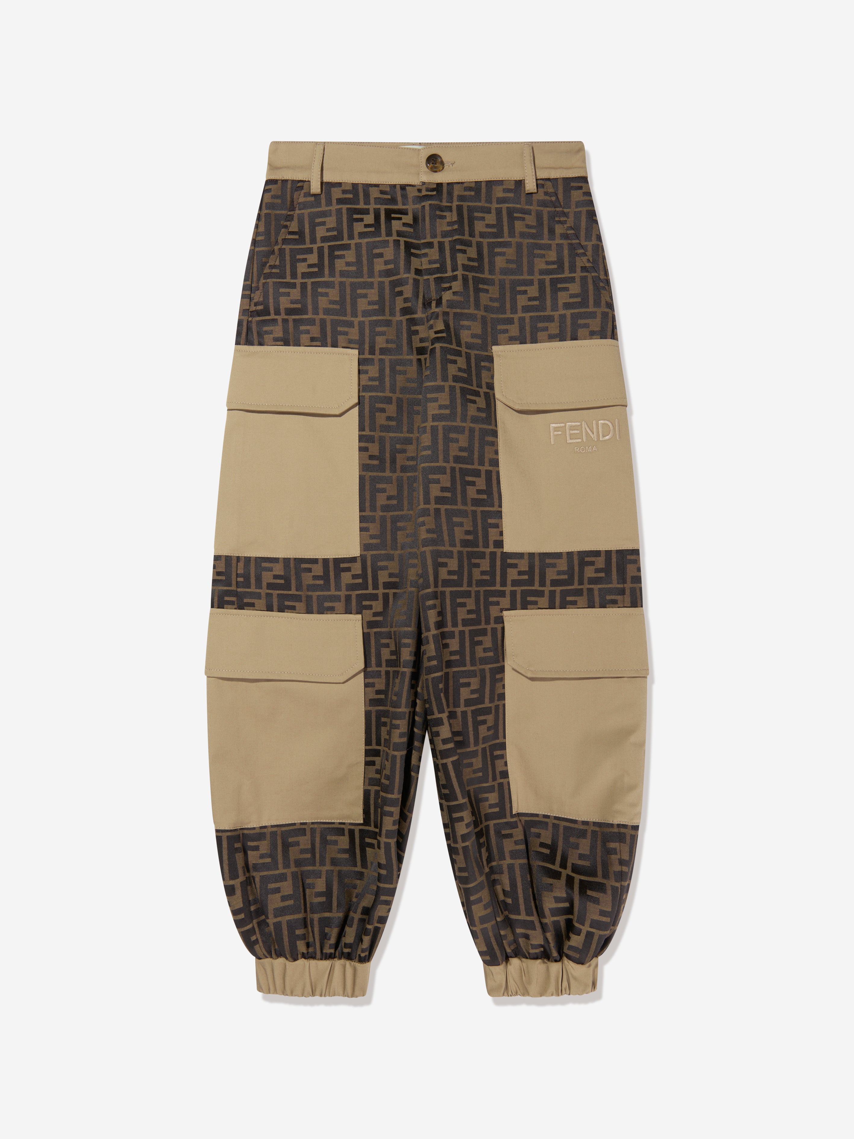 Fendi Kids Zucca Jacquard Cargo Trousers In Brown