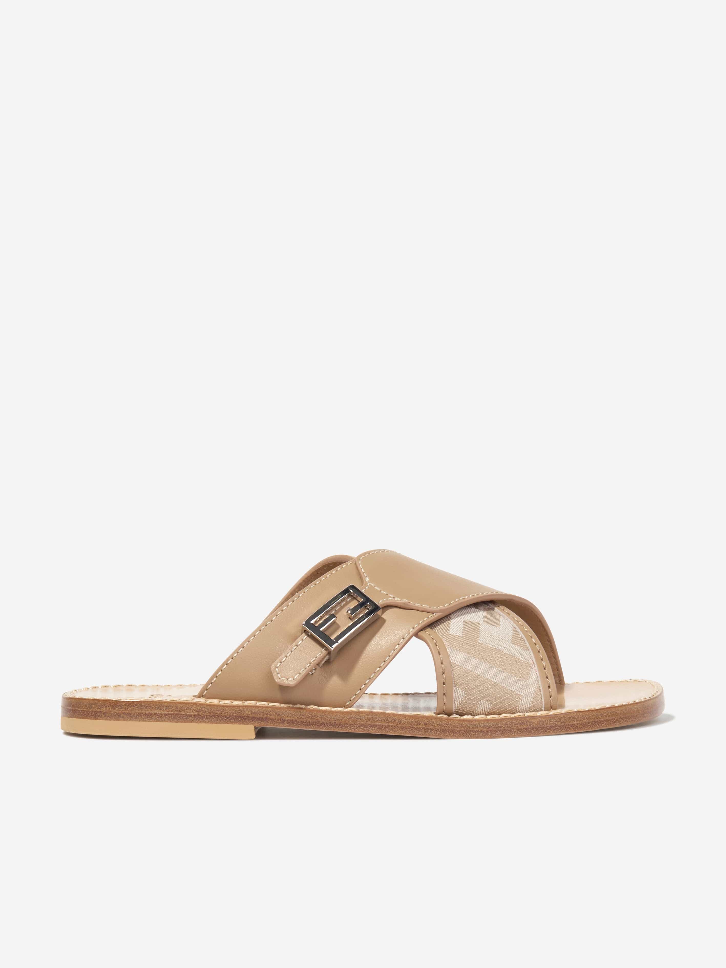 Fendi Kids' Girls Leather Ff Logo Sandals In Beige