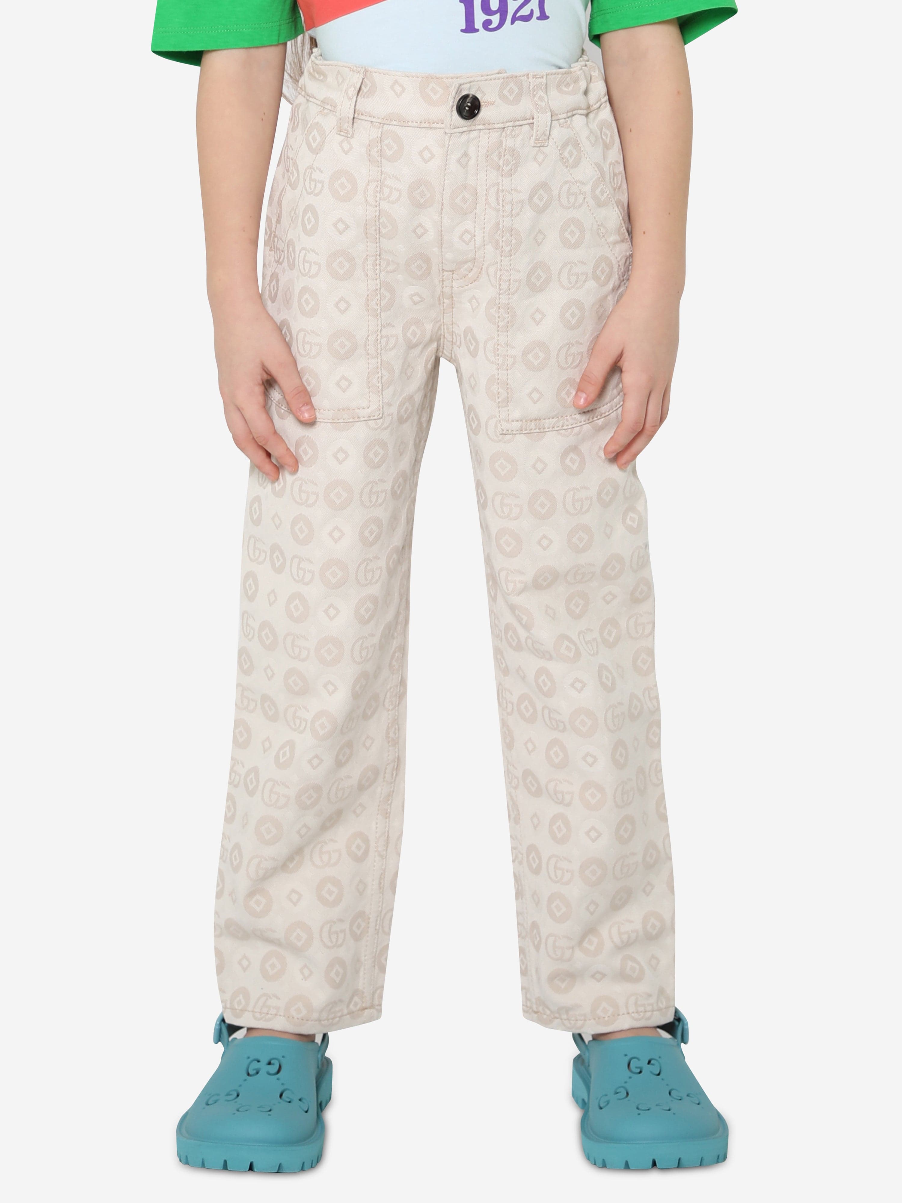 Gucci Kids Jacquard Gg Denim Jeans In Beige