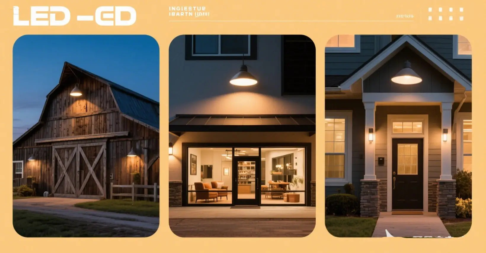 LED barn lights in action: illuminating a rural barn, commercial storefront, and residential entryway.