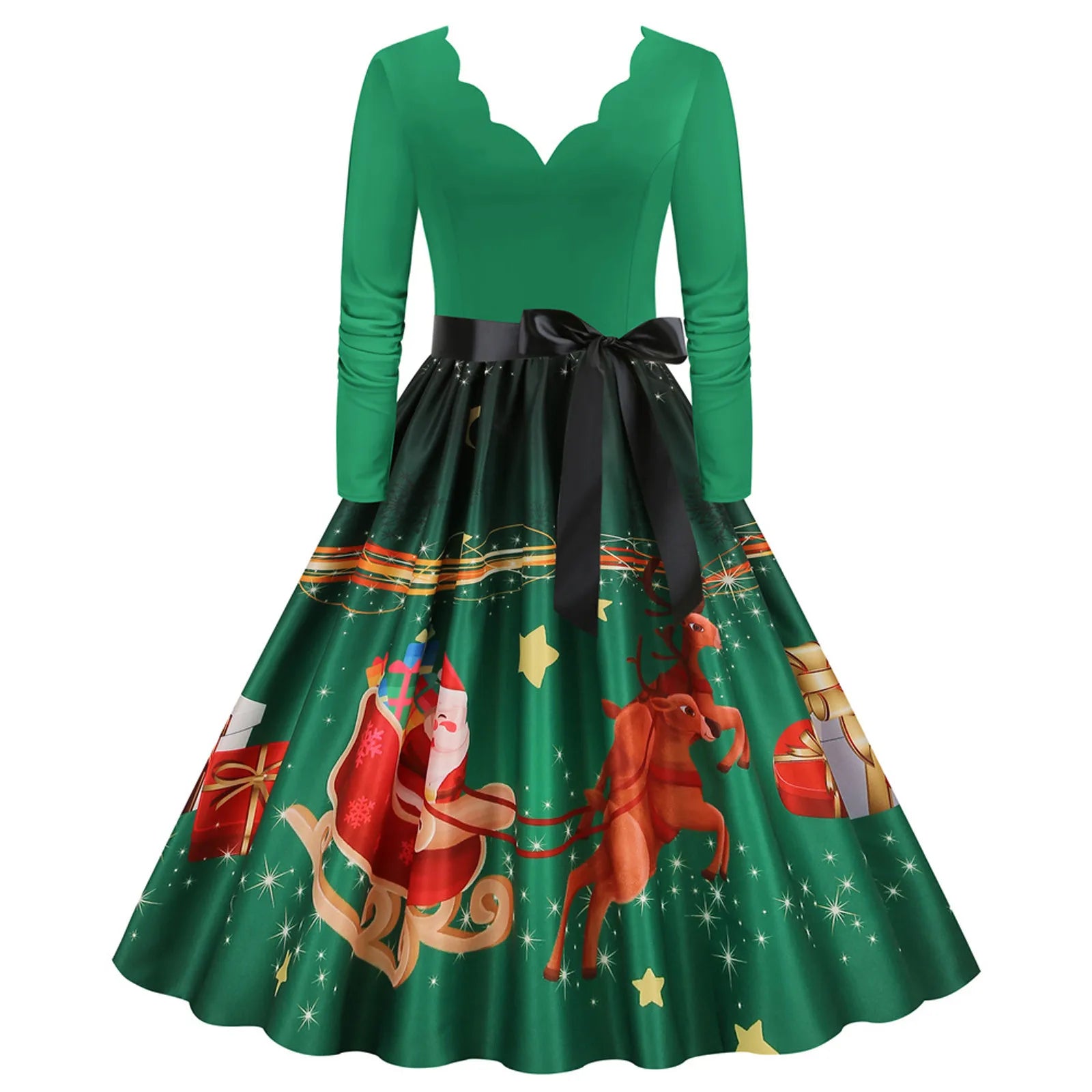 Festive Santa Print V-Neck Swing Dress - Image 4