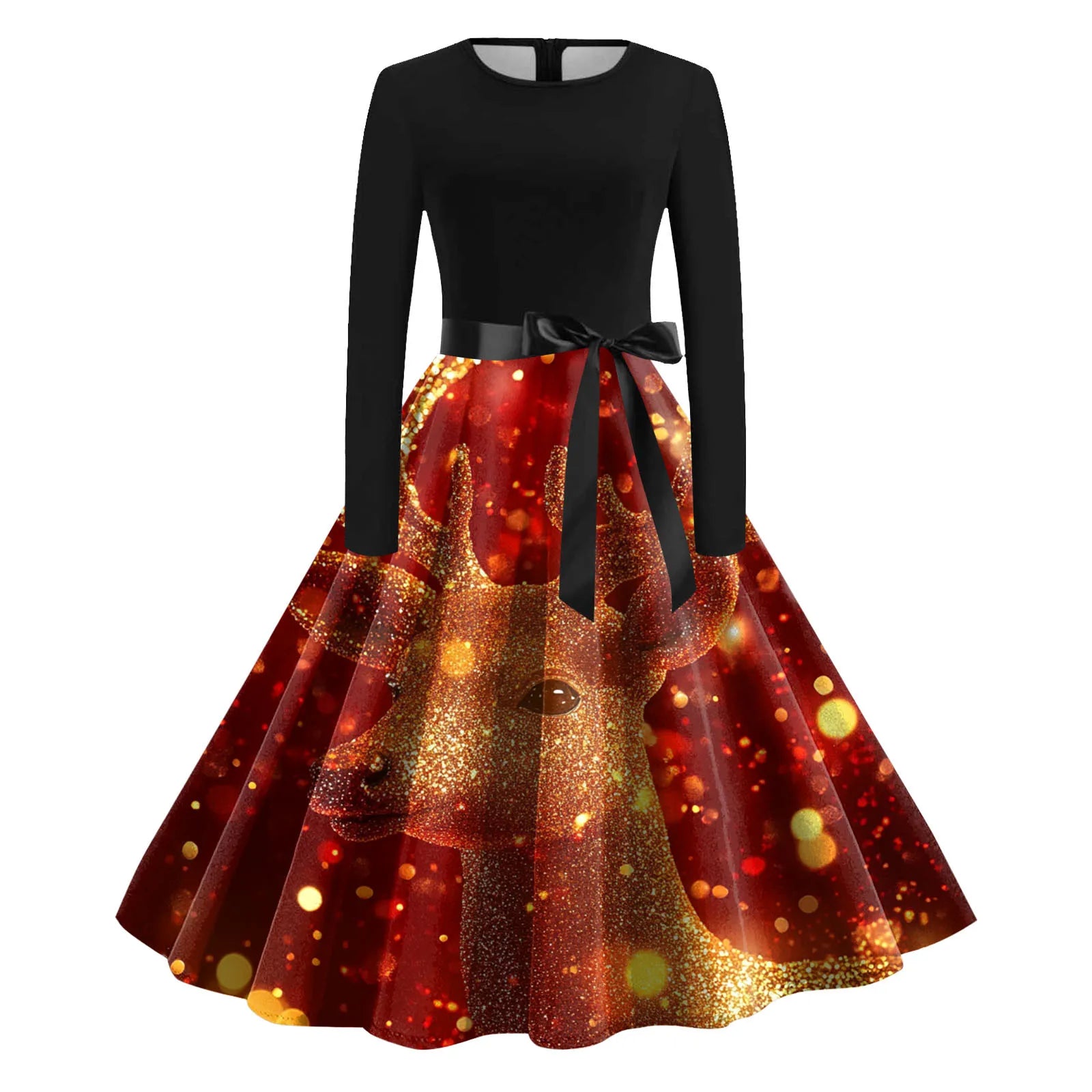 Chic Vintage Christmas Dress with Deer Print - Image 3