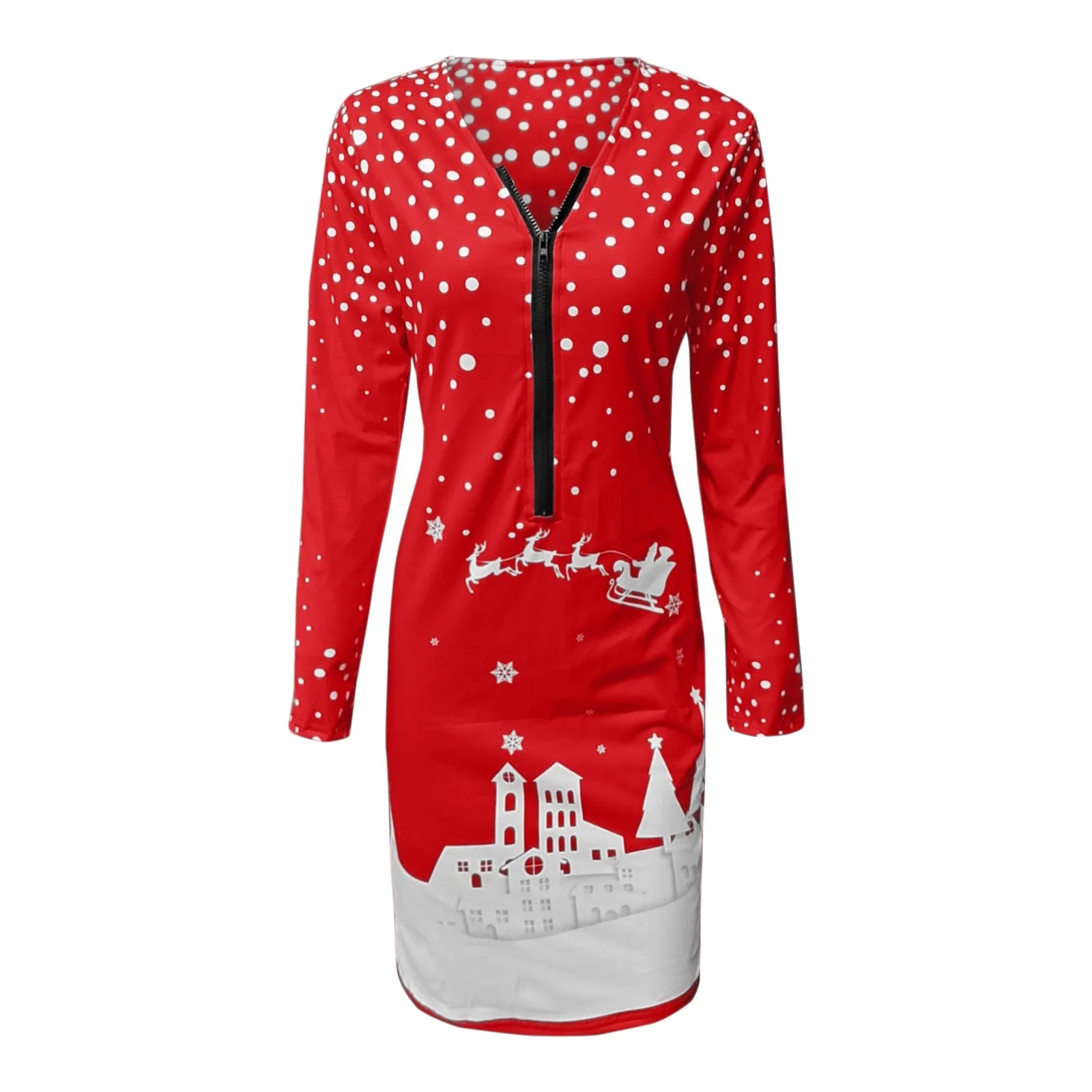 Elegant Christmas Zippered V-Neck Print Dress - Image 5