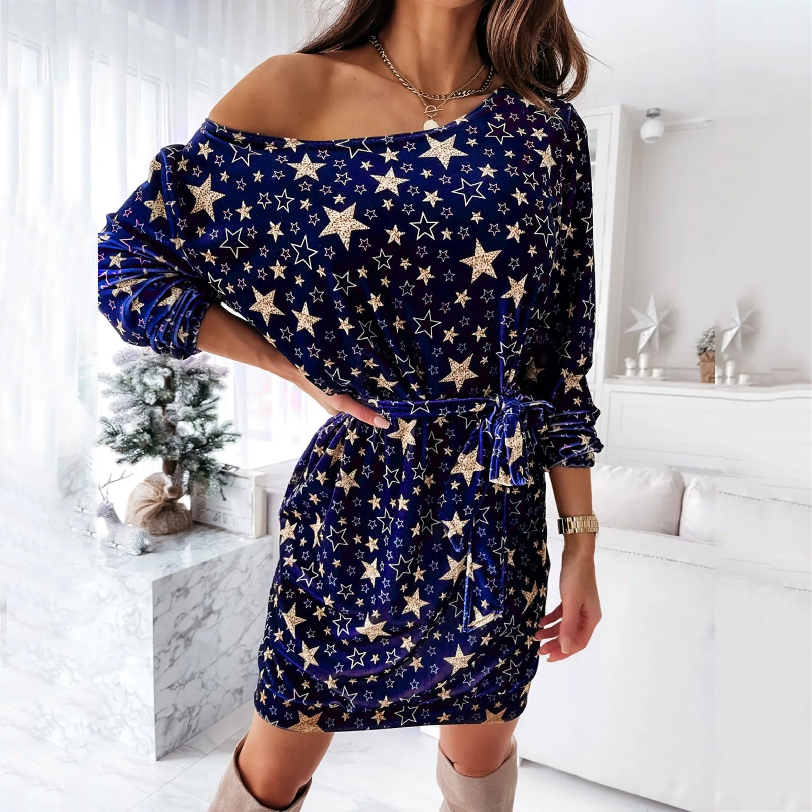 Chic Off-Shoulder Christmas Star Print Dress - Image 4