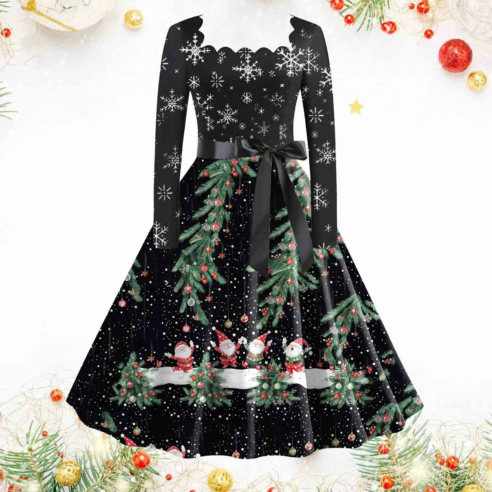 Santa Snowflake Print Retro Christmas Dress - Image 4