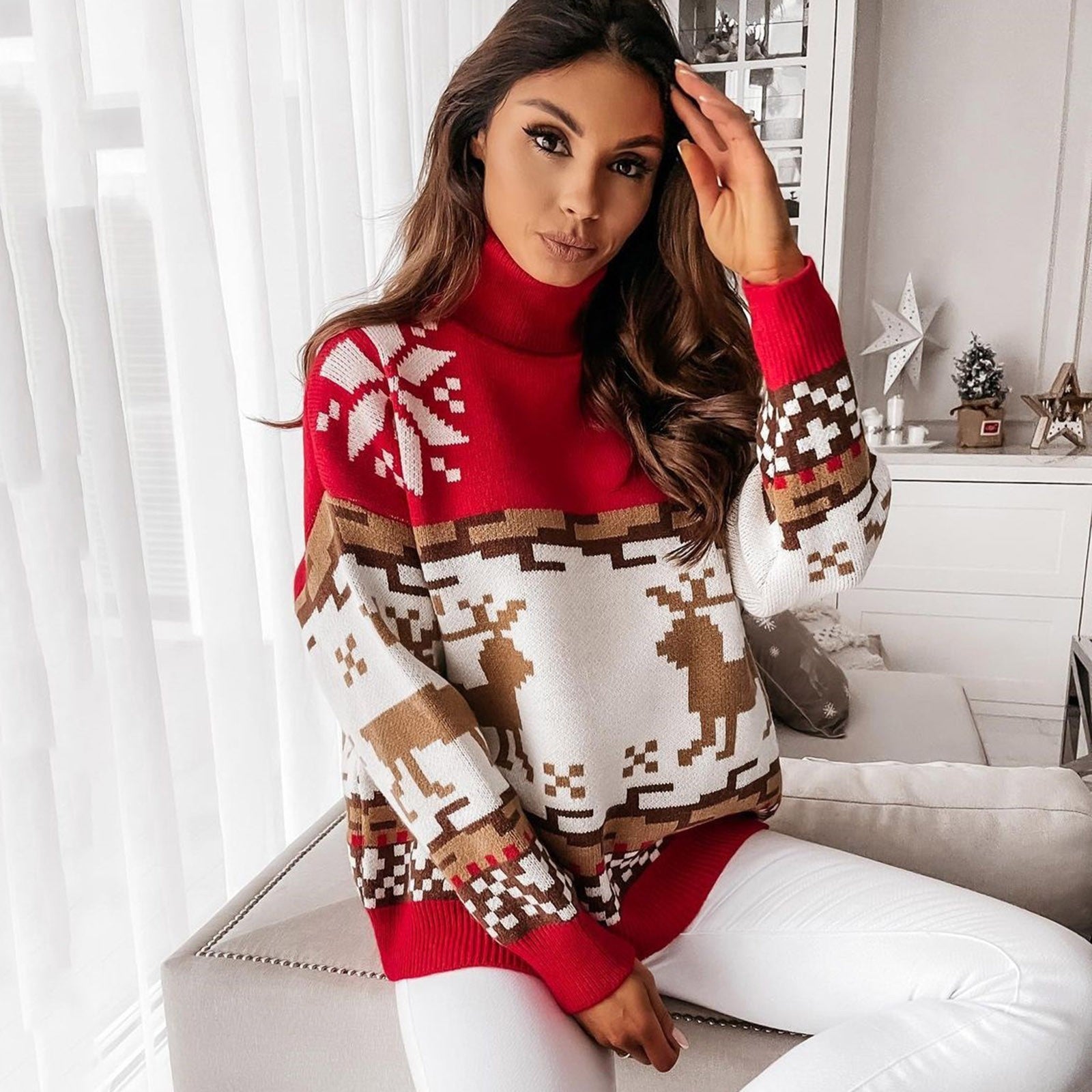 Cozy Elk Snowflake Turtleneck Sweater for Christmas - Image 16