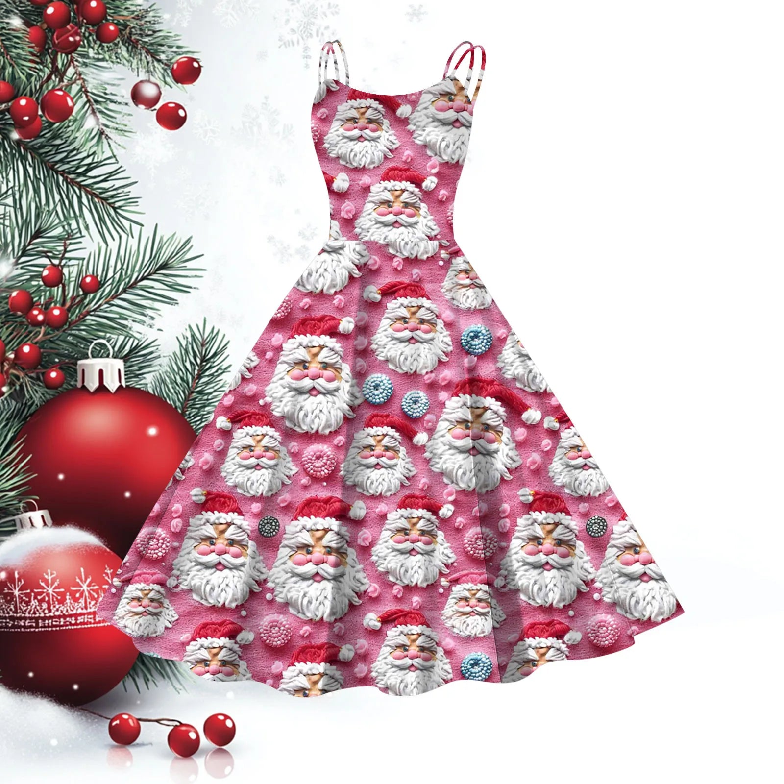 Festive A-Line Spaghetti Strap Christmas Dress - Image 3