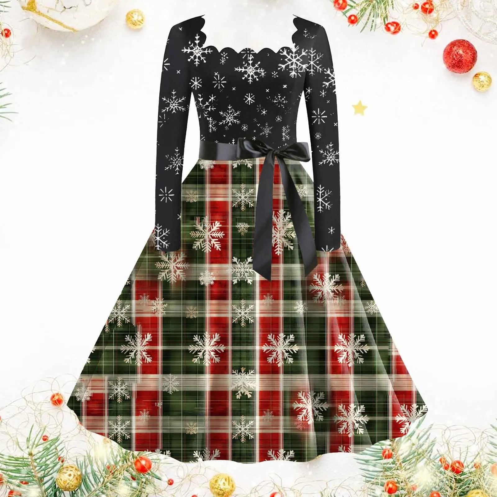 Charming Snowflake Print Long Sleeve Christmas Dress - Image 5