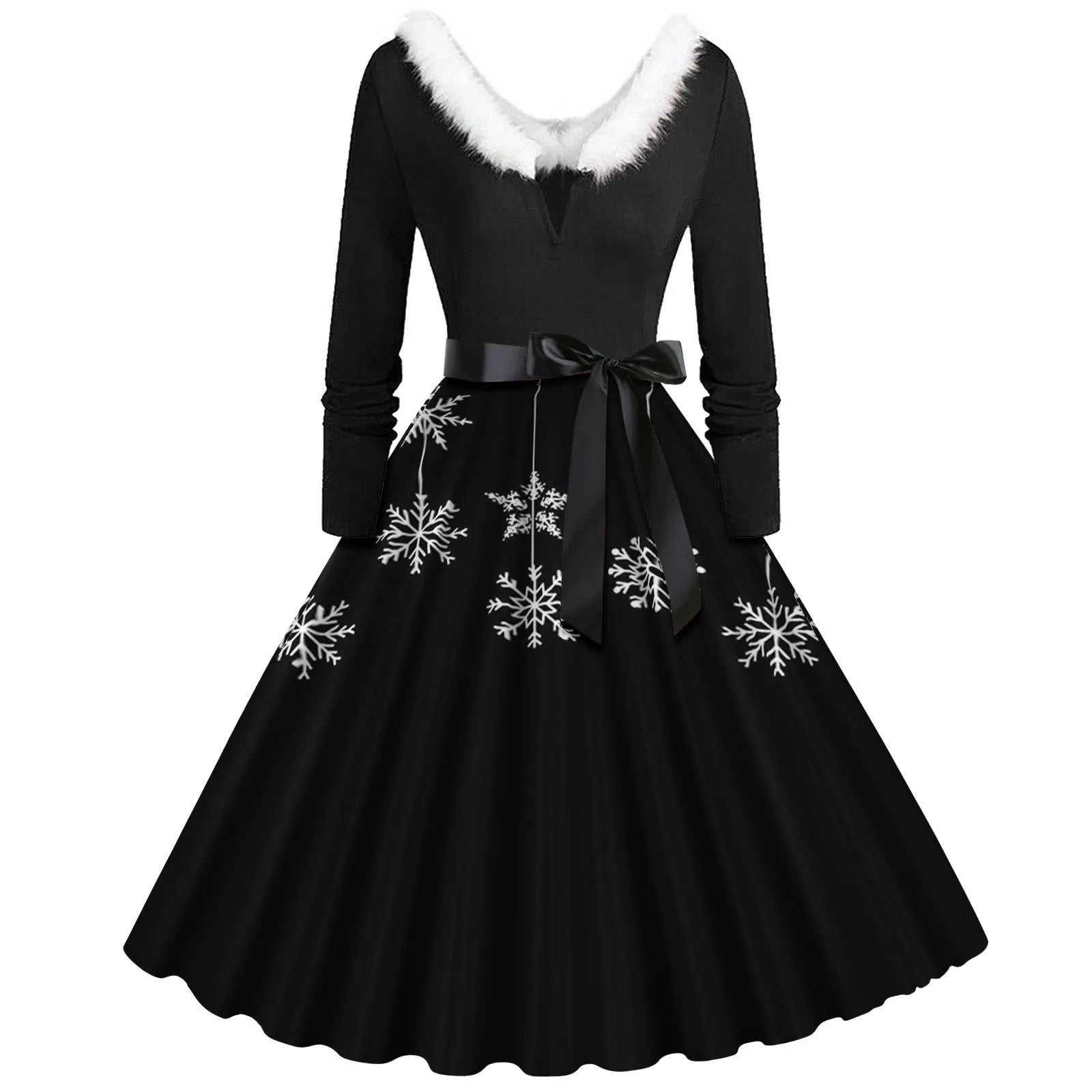 Festive Faux Fur V-Neck Christmas Swing Dress - Image 3