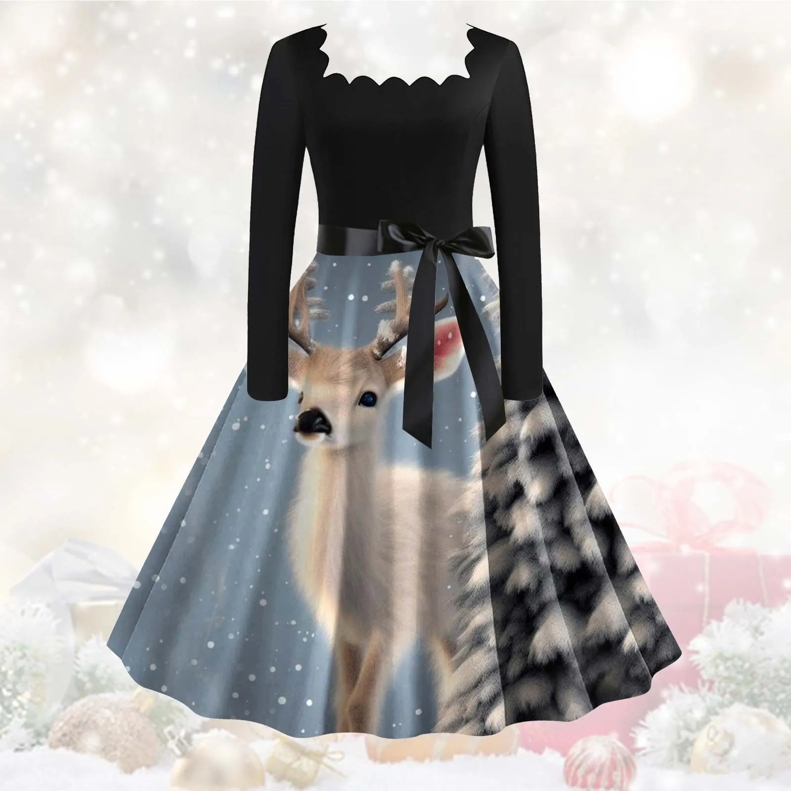 Festive Floral Vintage Long Sleeve Christmas Dress - Image 9