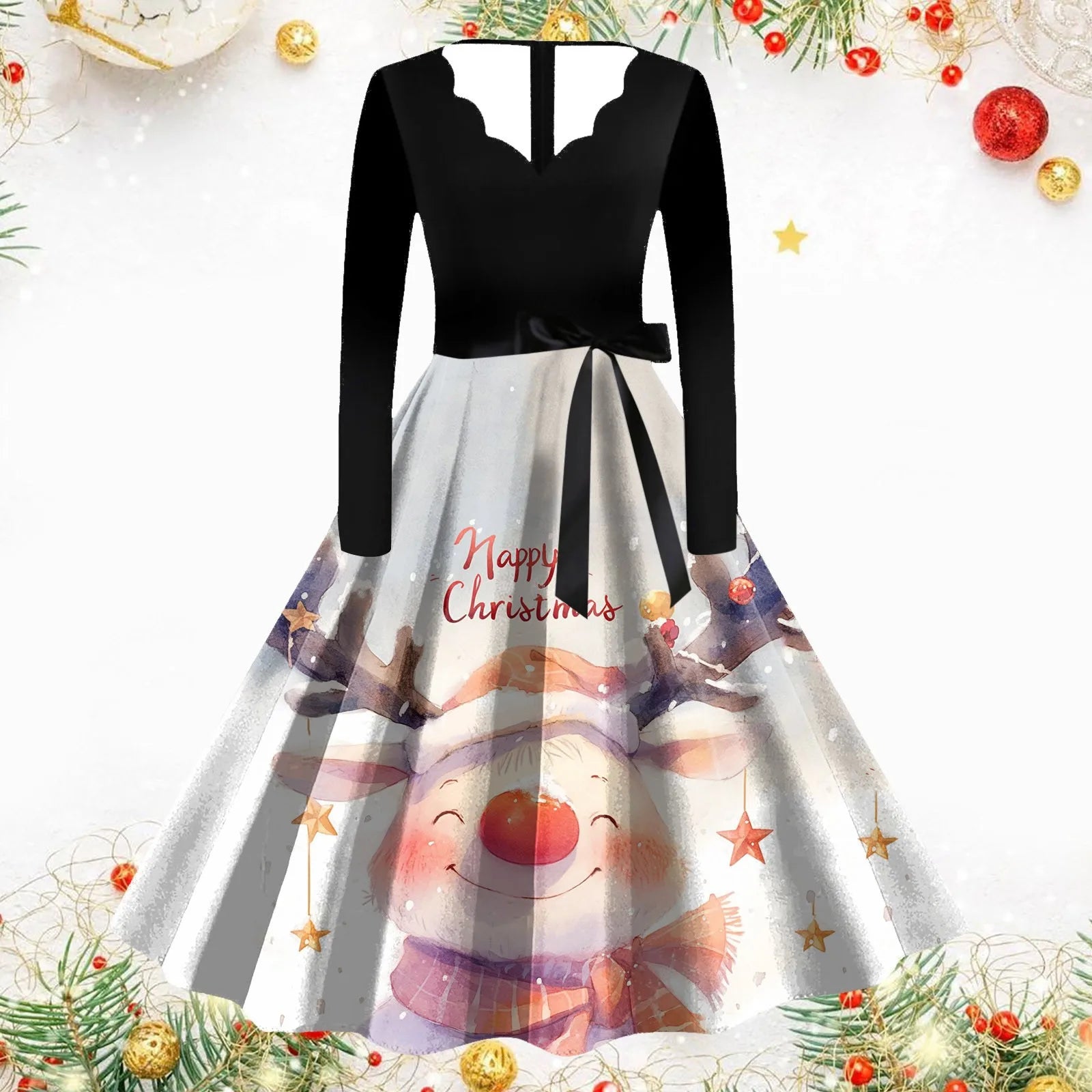 Festive Vintage Snowman & Deer Christmas Dress - Image 8
