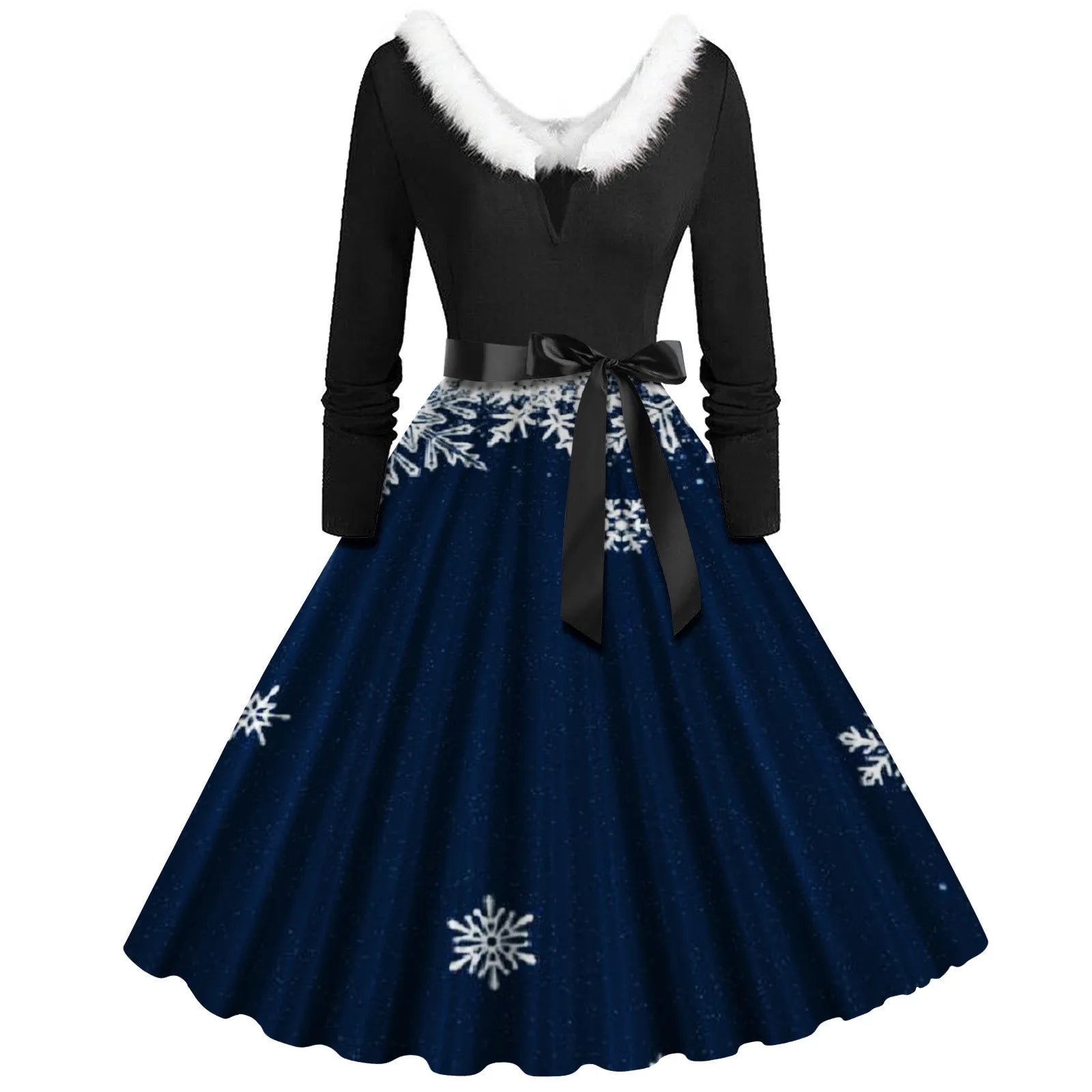 Chic Christmas Faux Fur Collar Swing Dress - Image 3