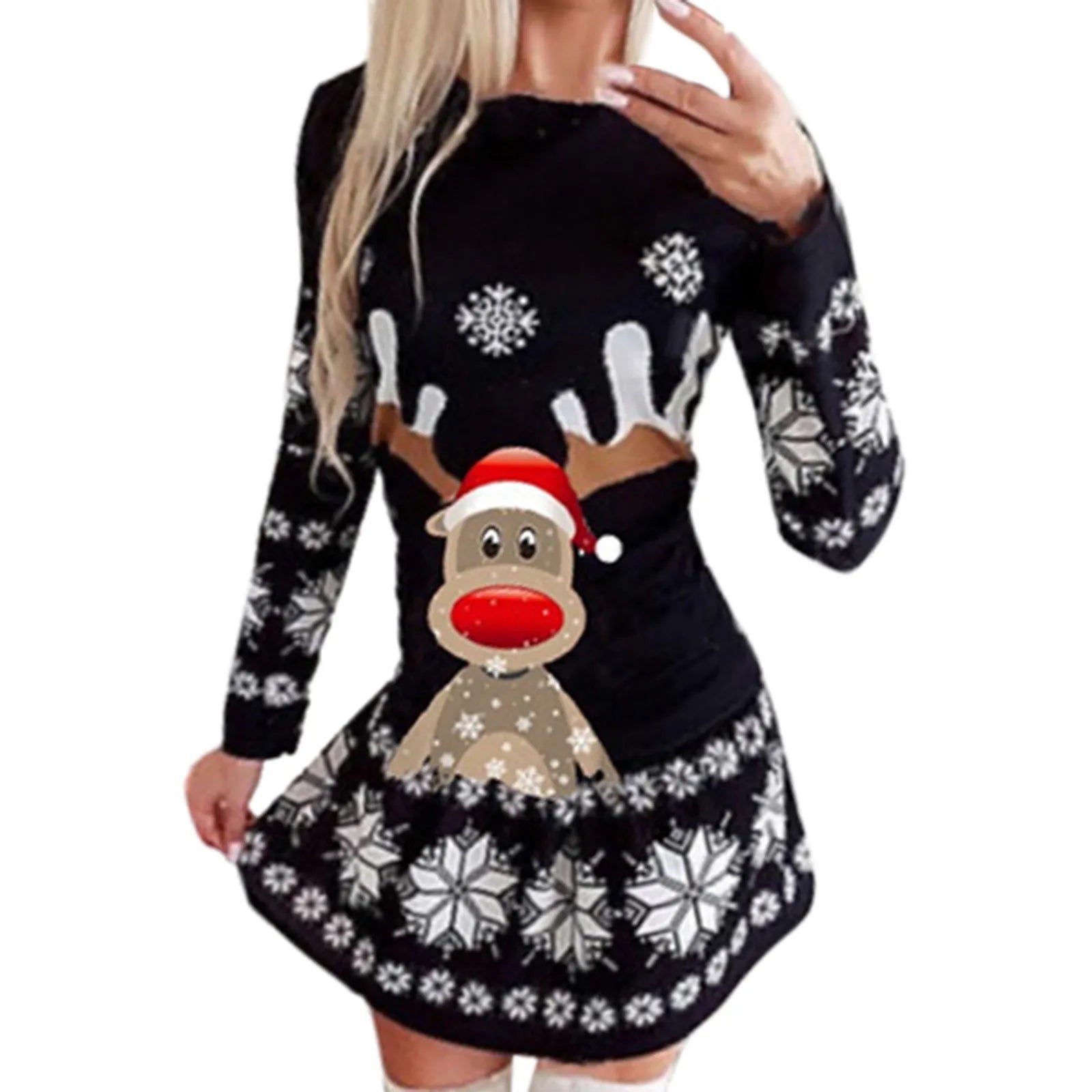 Festive Snowflake & Deer Print Christmas Dress - Image 9
