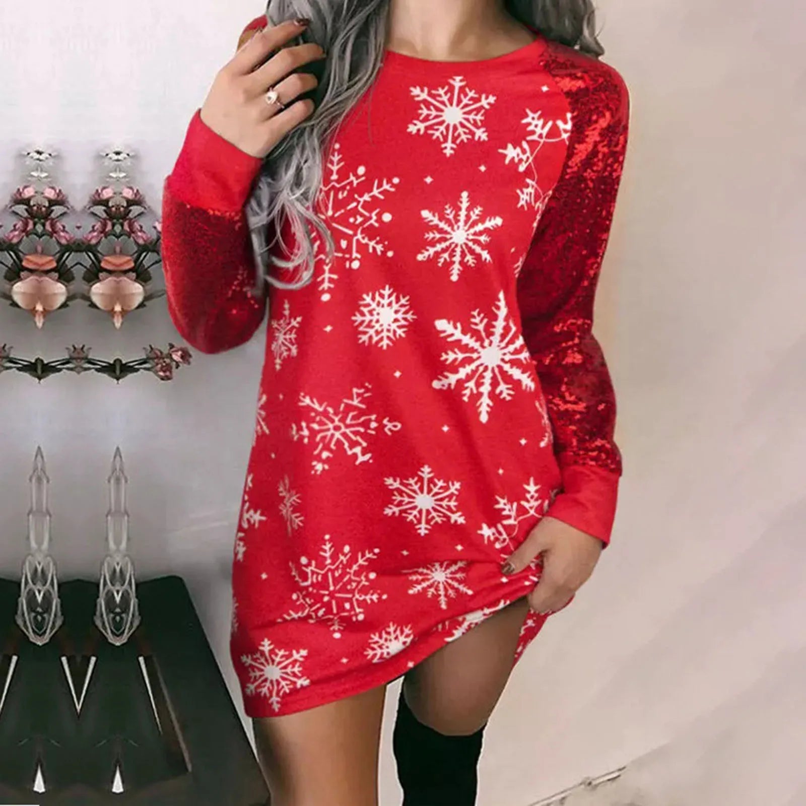 Festive Snowflake Print Casual Dress for Women - Image 3