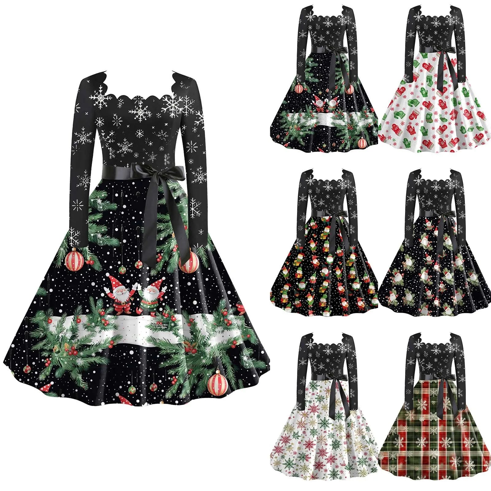 Charming Snowflake Print Long Sleeve Christmas Dress - Image 3
