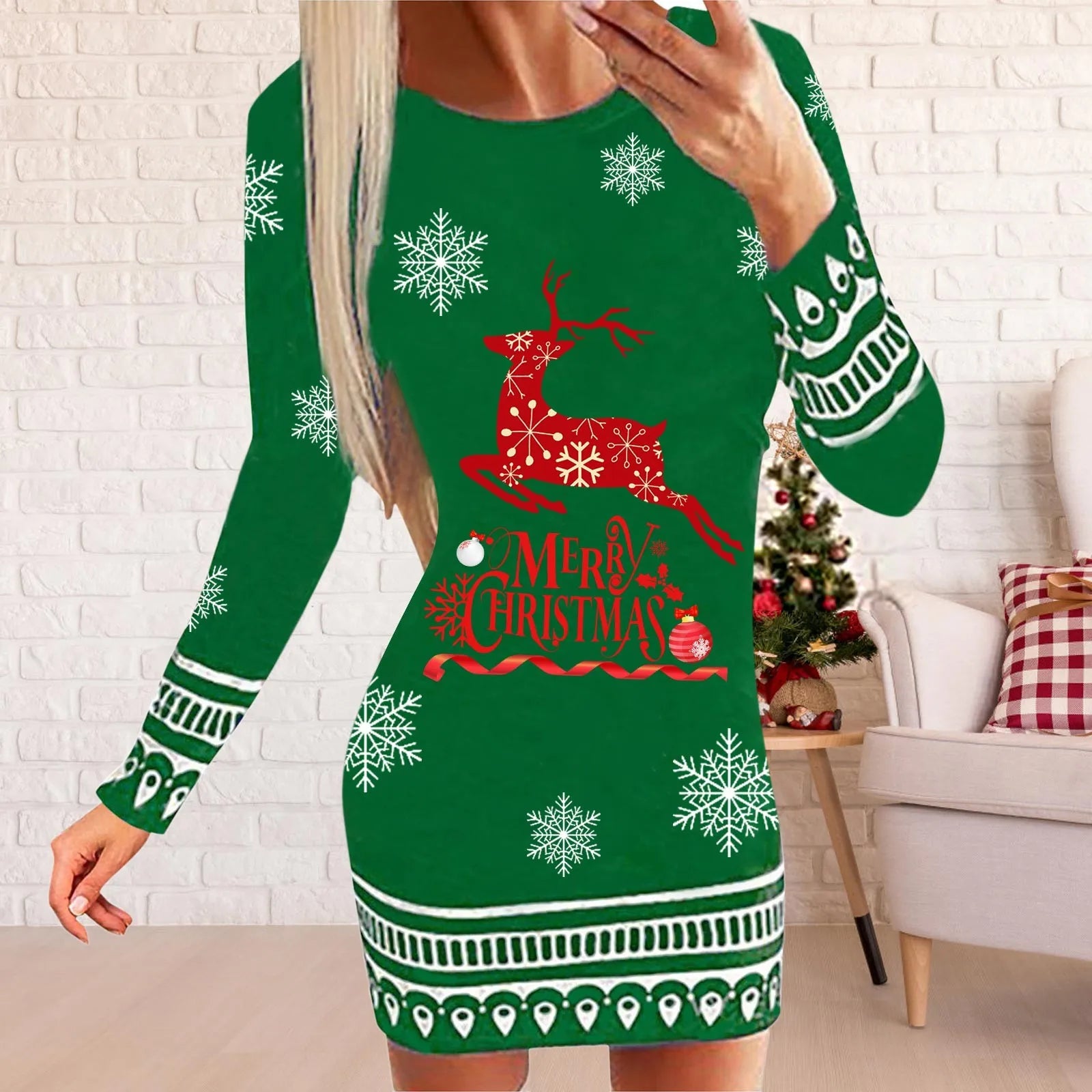 Elegant Christmas Elk Print Slim Dress for Women - Image 6
