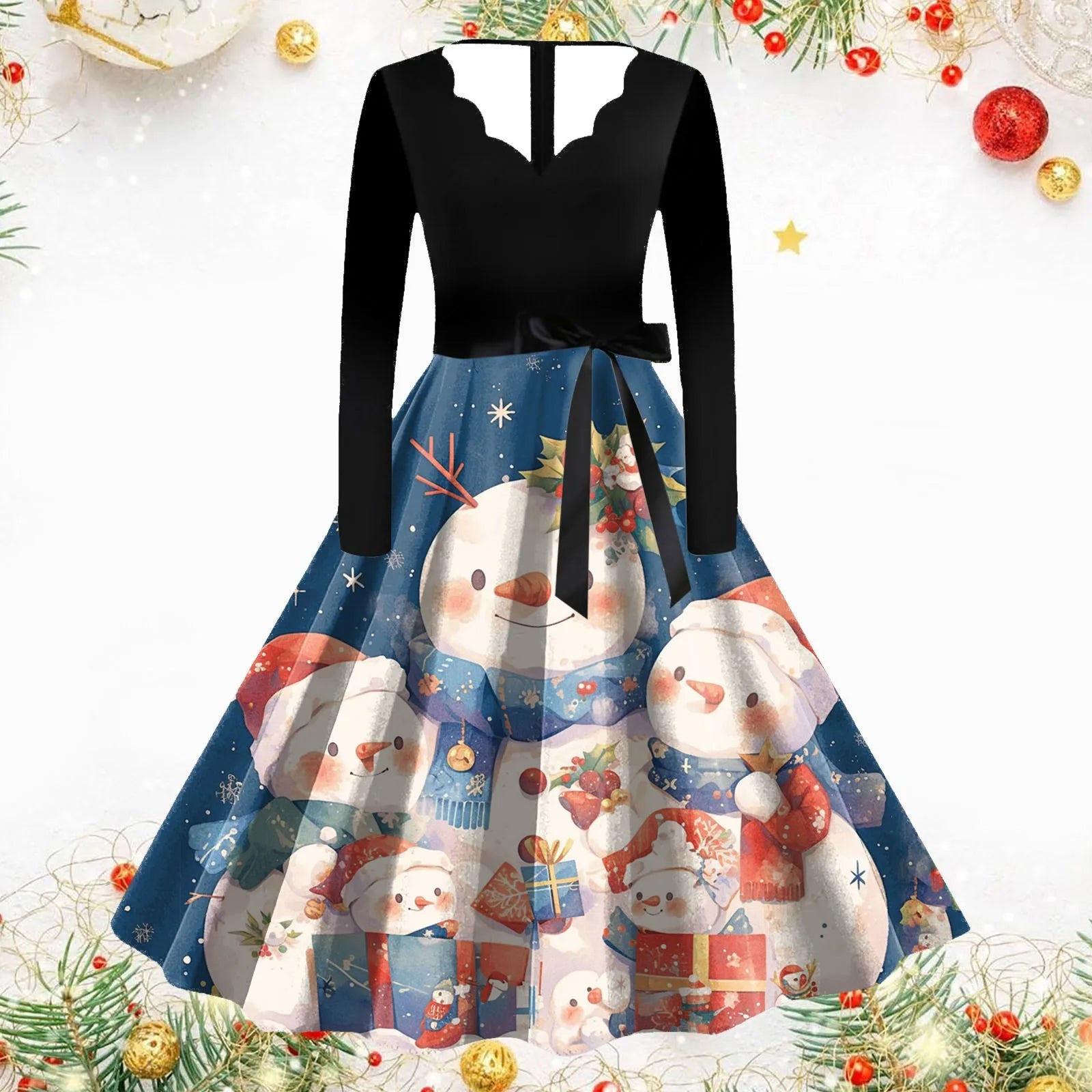 Festive Snowman Print Evening Dress for Women - Image 4