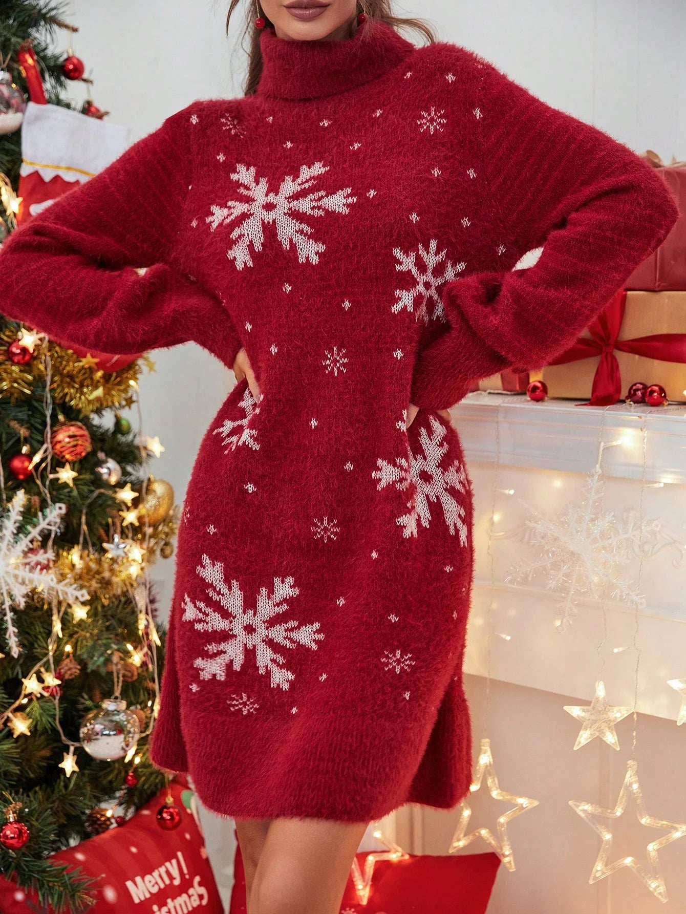 Cozy White Snowflake Knit Dress for Winter