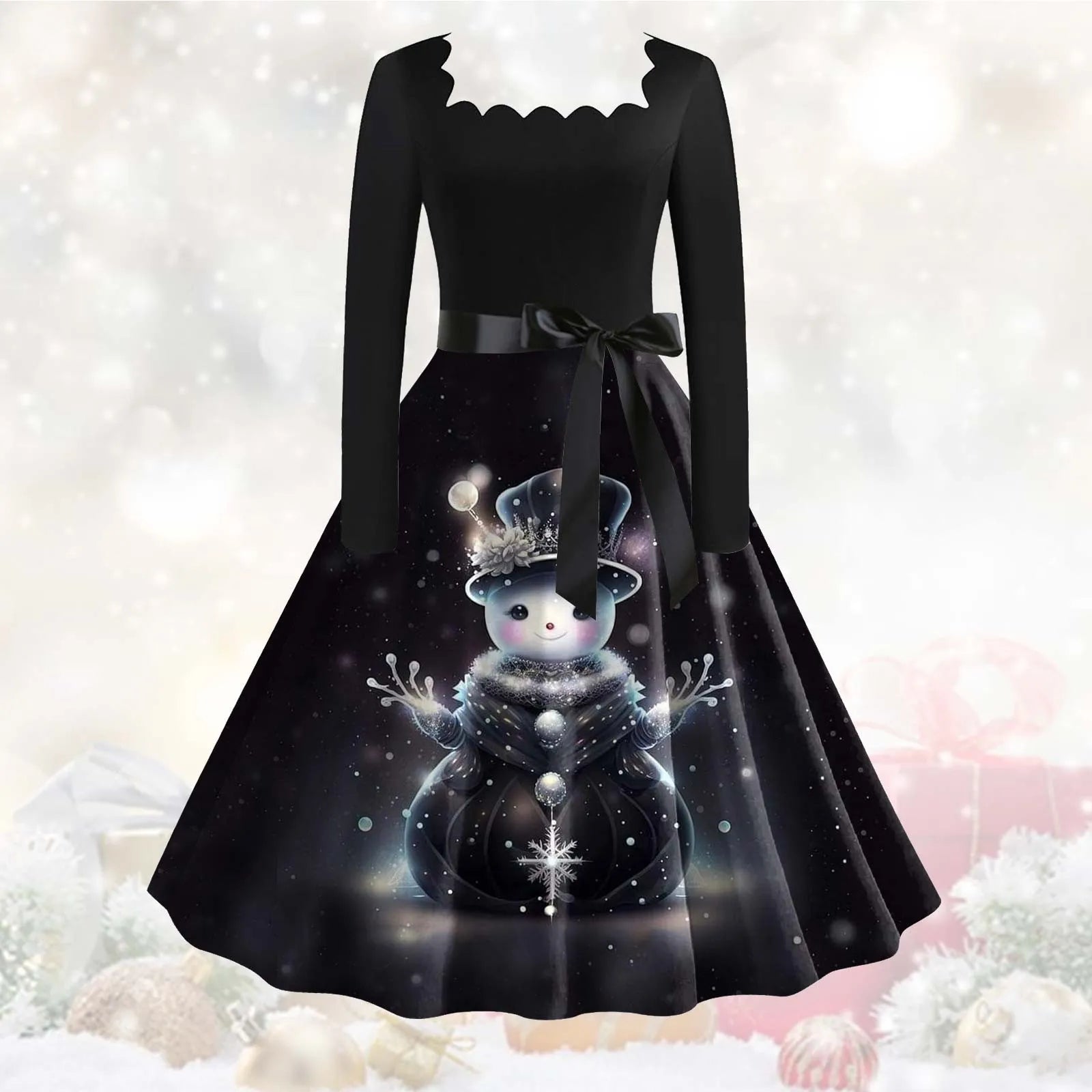 Festive Floral Vintage Long Sleeve Christmas Dress - Image 6