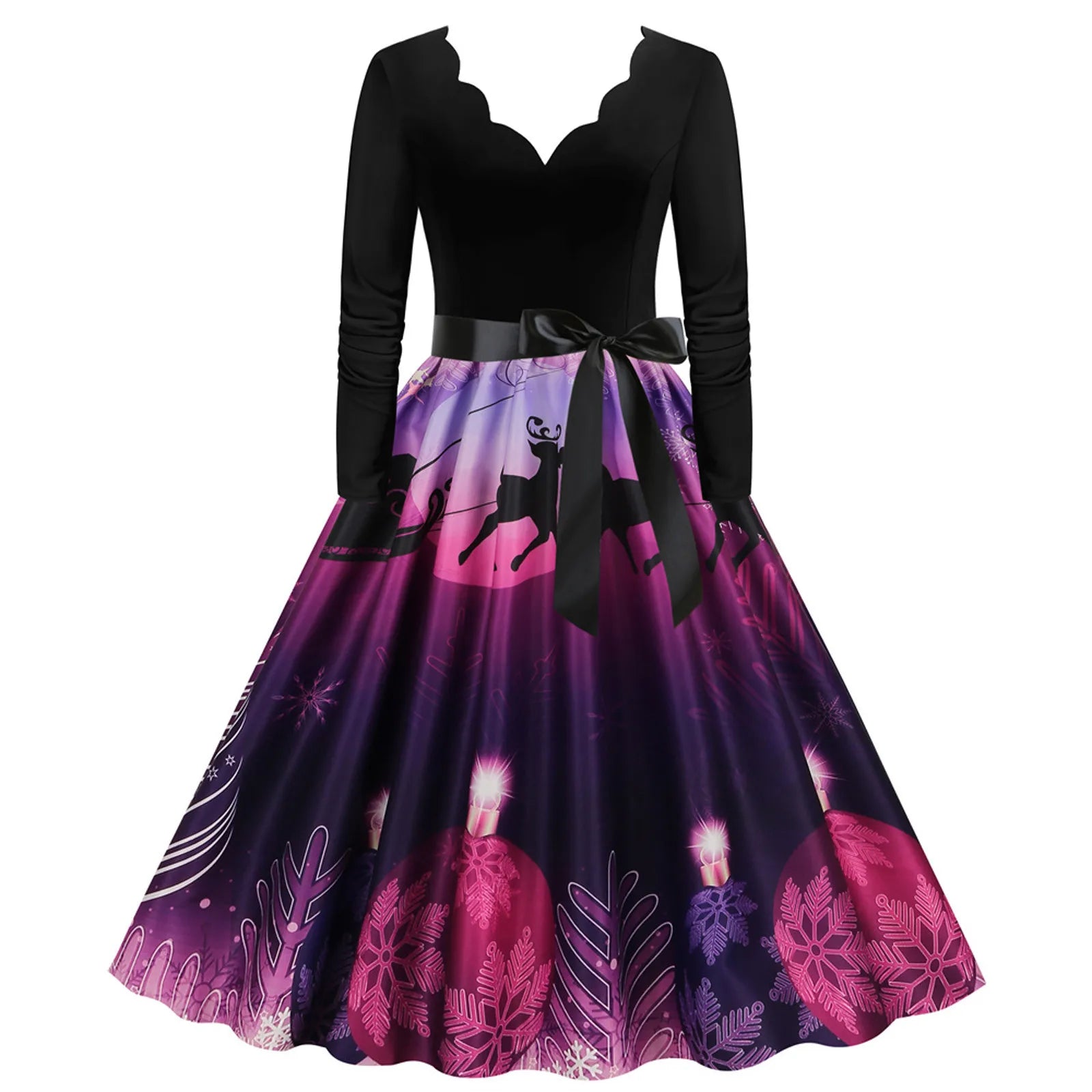 Festive Santa Print V-Neck Long Sleeve Dress - Image 8