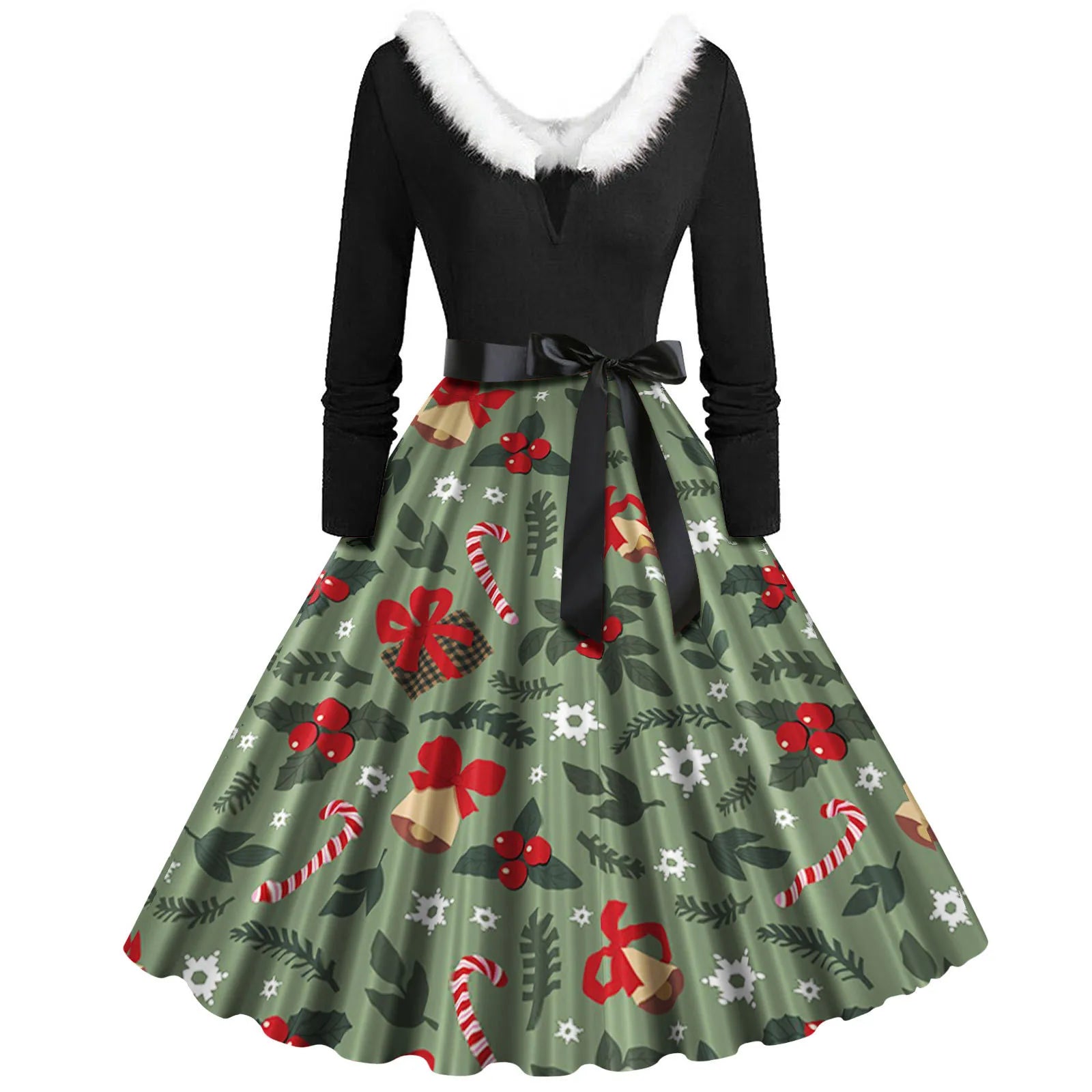Festive Faux Fur V-Neck Christmas Swing Dress - Image 4