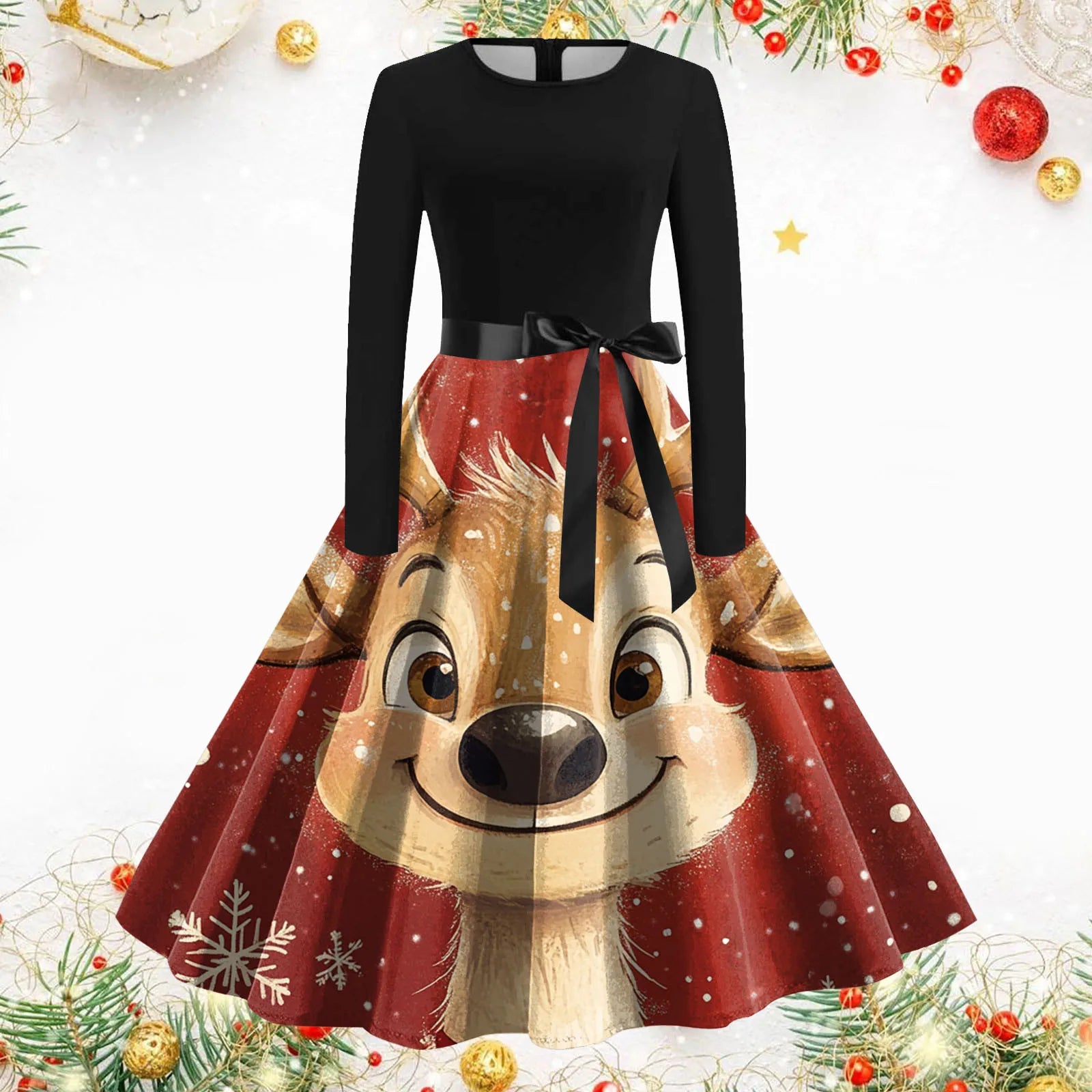 Chic Vintage Christmas Dress with Deer Print - Image 8