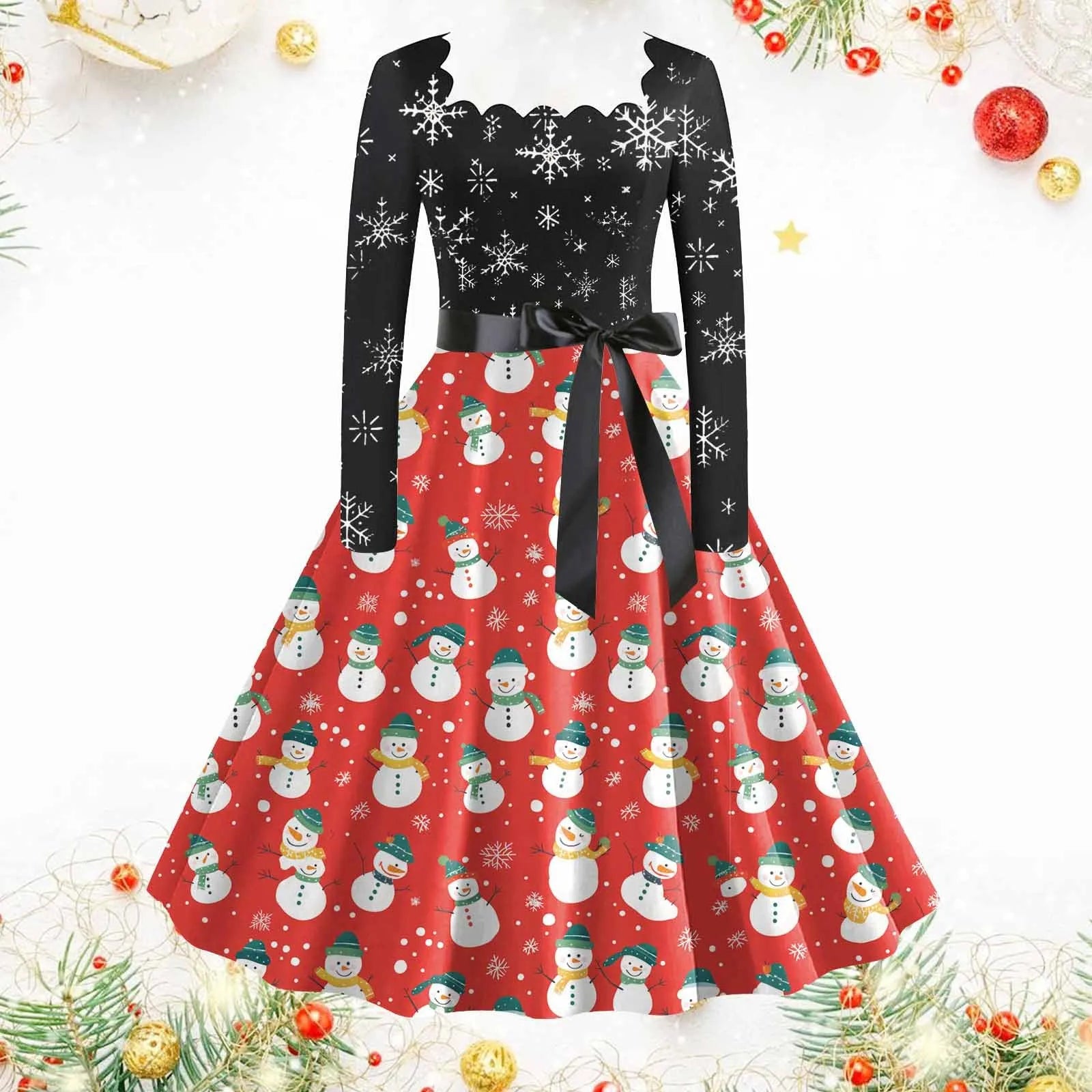 Santa Snowflake Print Retro Christmas Dress - Image 6