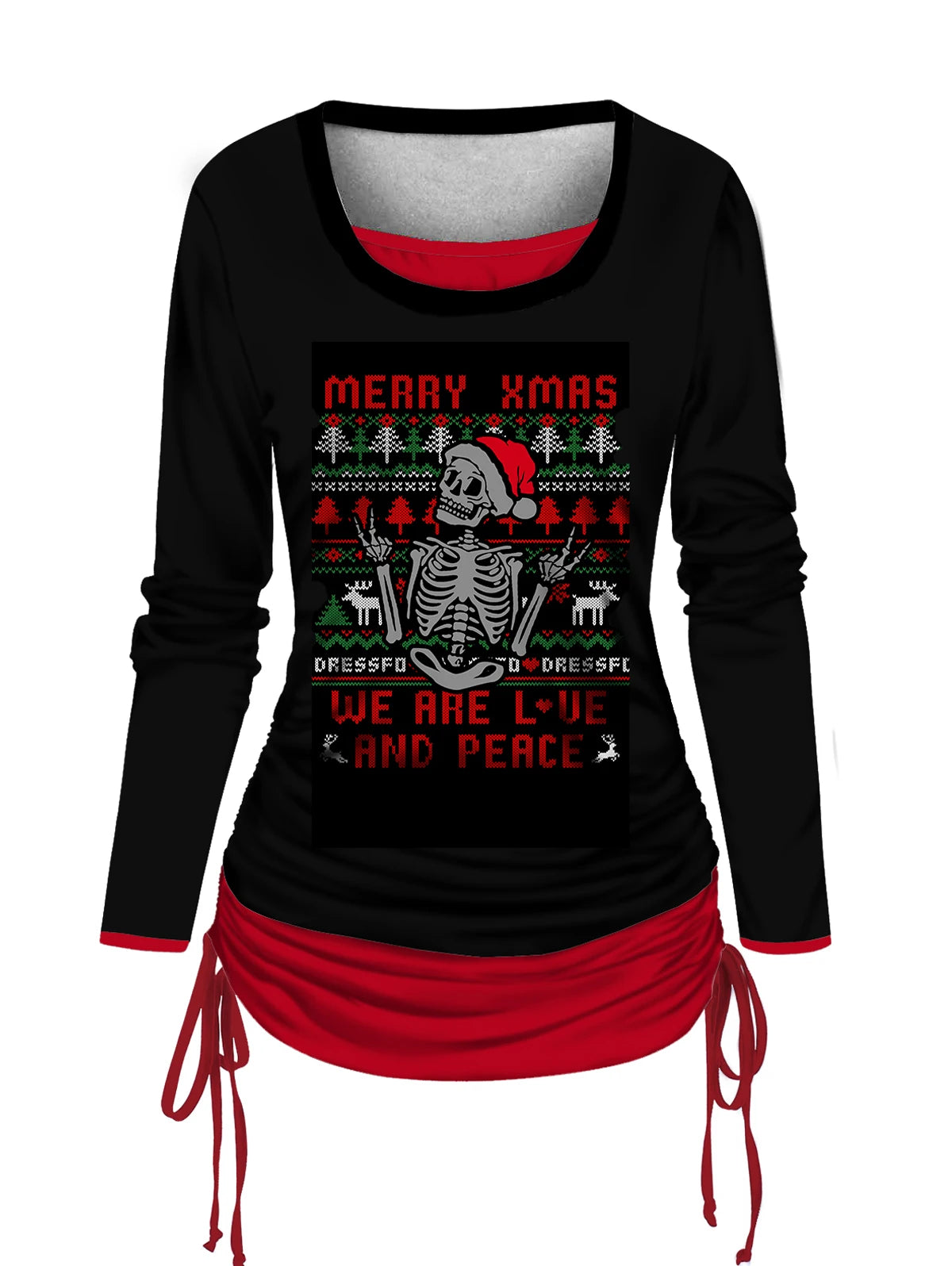 Festive Colorblock Christmas Skeleton Long Sleeve Tee - Image 7