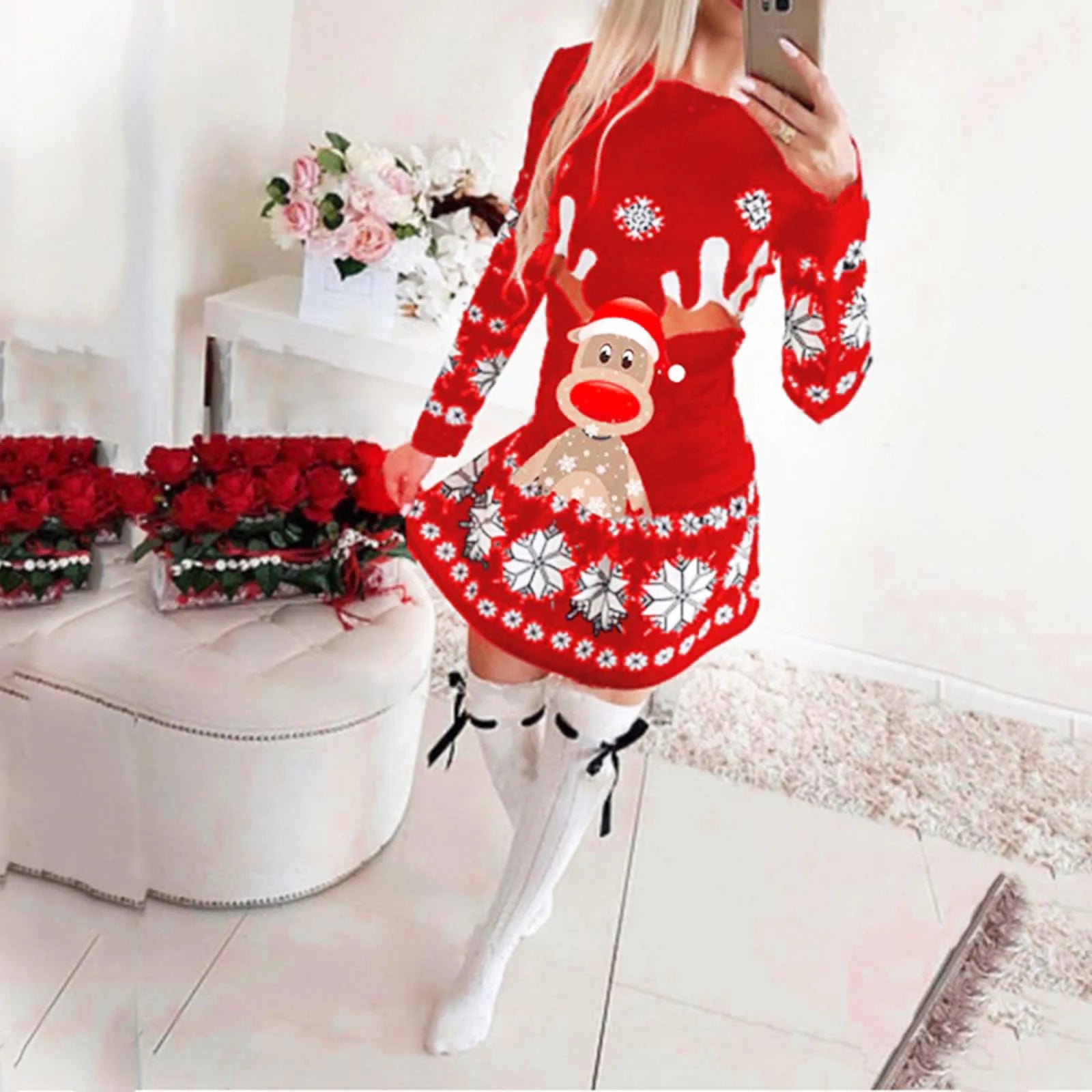 Festive Snowflake & Deer Print Christmas Dress - Image 3