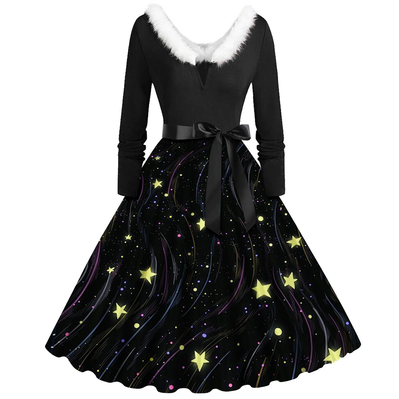 Elegant Christmas Print V-Neck Swing Dress
