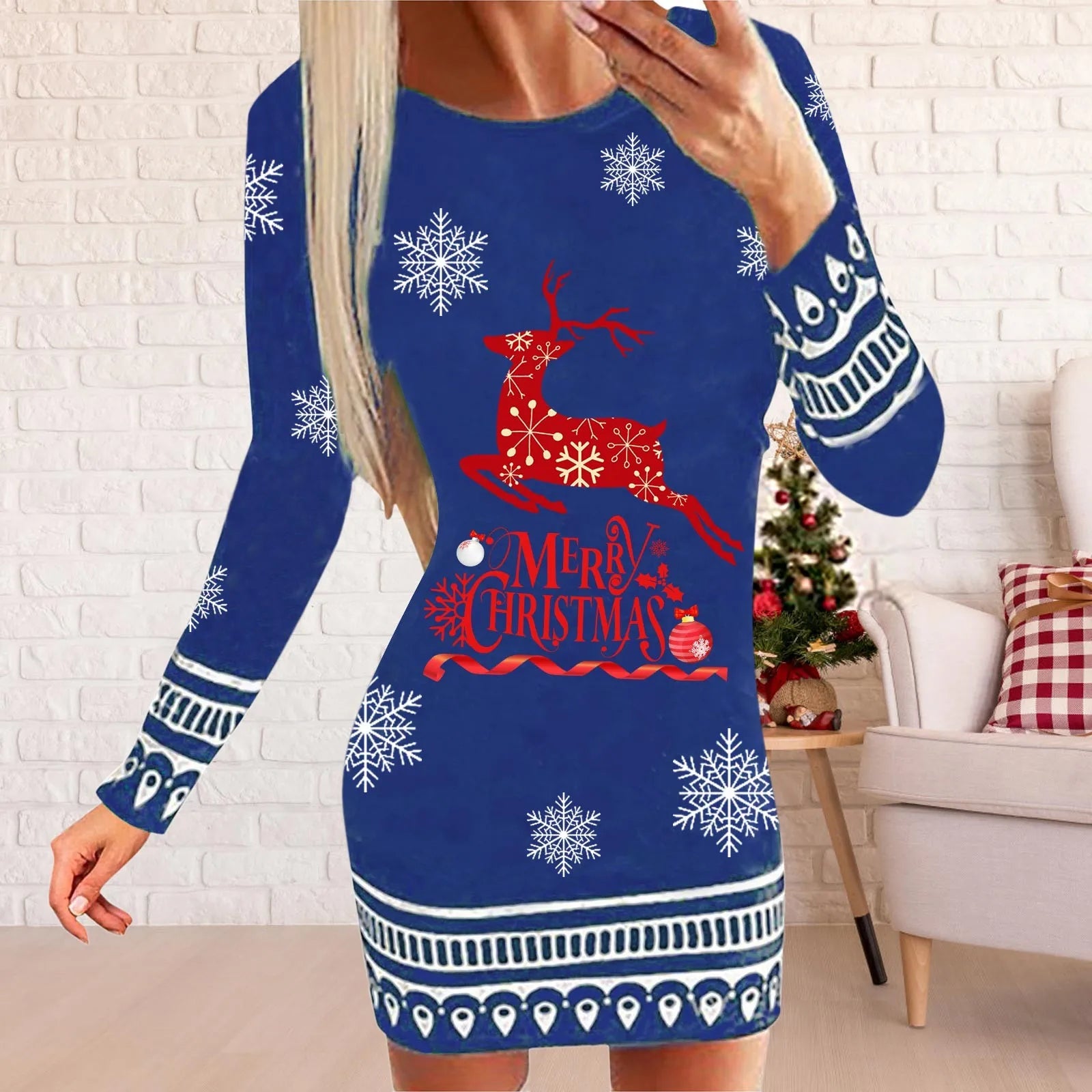 Festive Elk Print Bodycon Mini Dress for Women - Image 4