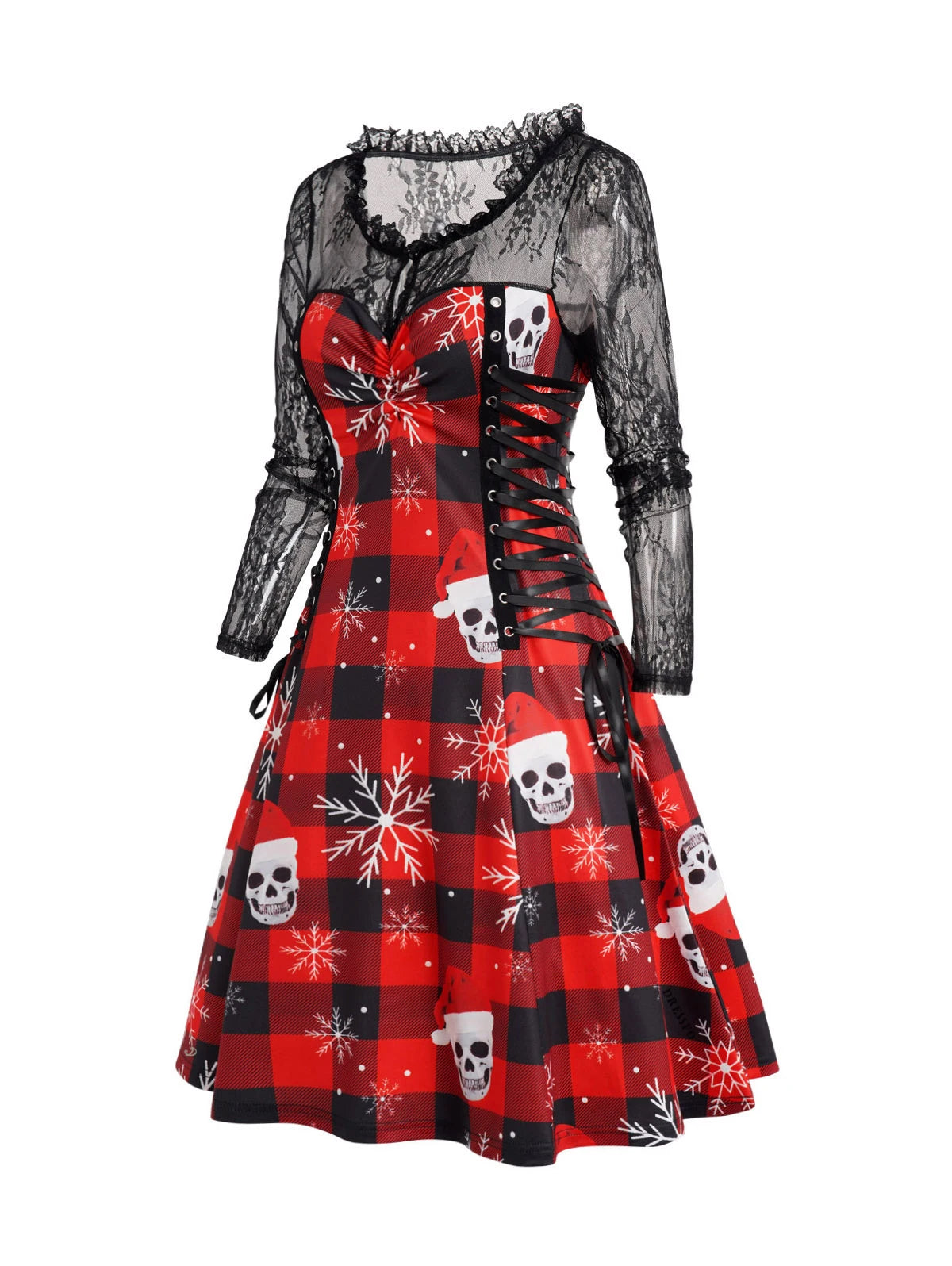 Chic Christmas Lace-Up Mini Dress with Snowflakes - Image 3