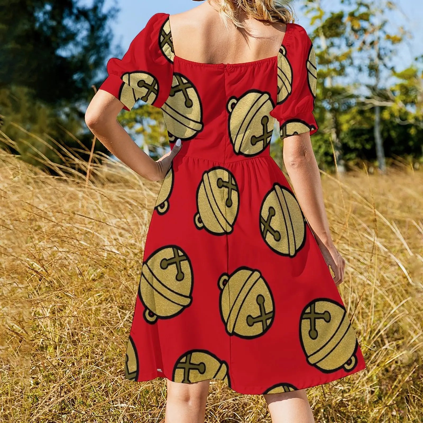 Festive Gold & Red Christmas Jingle Bells Dress - Image 3